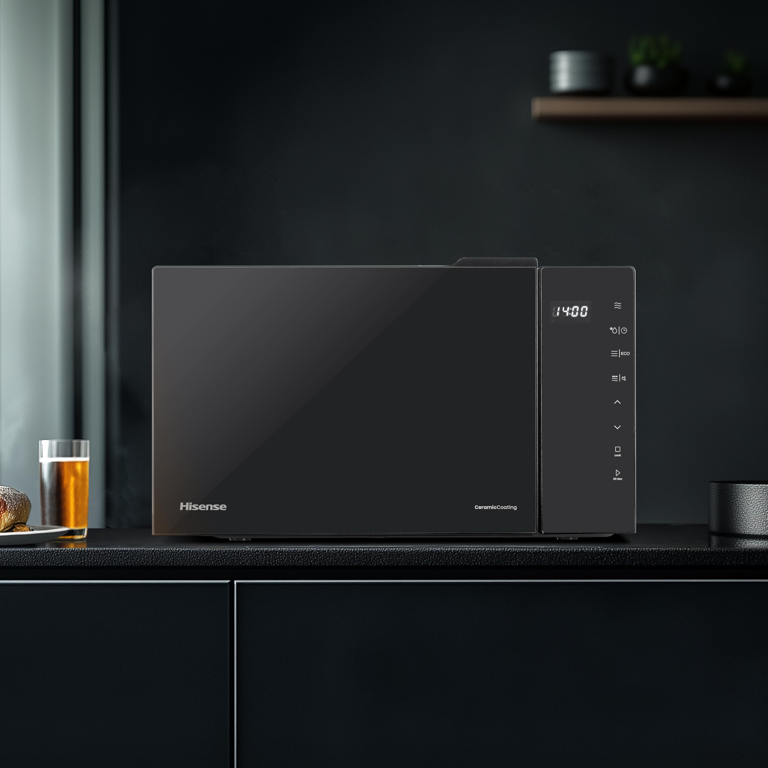 Hisense H23MOBS5HG4 Digitale Mikrowelle mit Grill, 23 Liter, 1000 W, Keramikbeschichtung, Premiumglas, Eco-Modus, programmiertes Auftauen, 10 Leistungsstufen, einfache Reinigung, 8 Programme