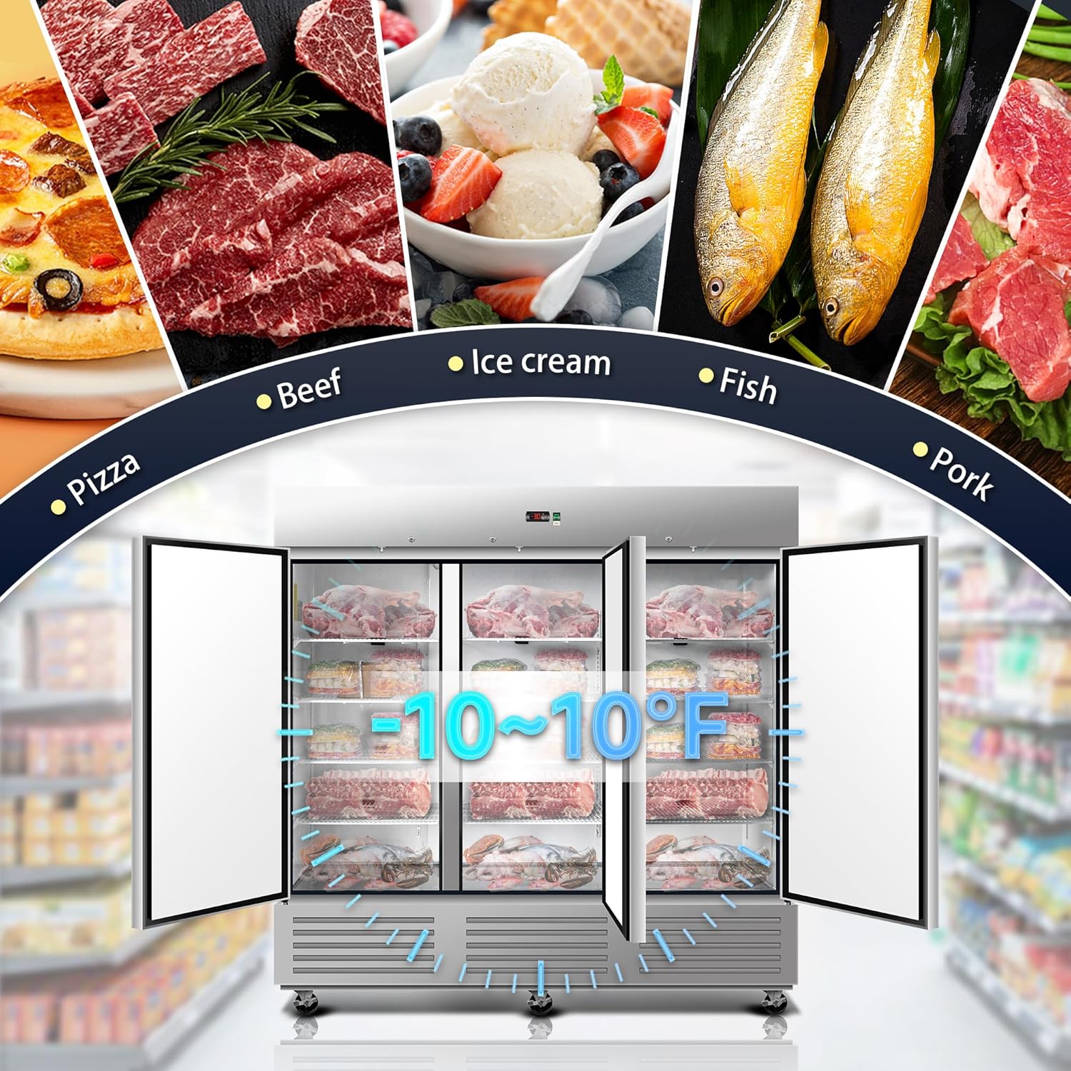 81" W Commercial Upright Freezer with Three-Door: 72 Cubic Feet Storage, Adjustable Shelving, Automatic Defrosting, Precision Digital Thermostat, LED Lights, Safety Locks