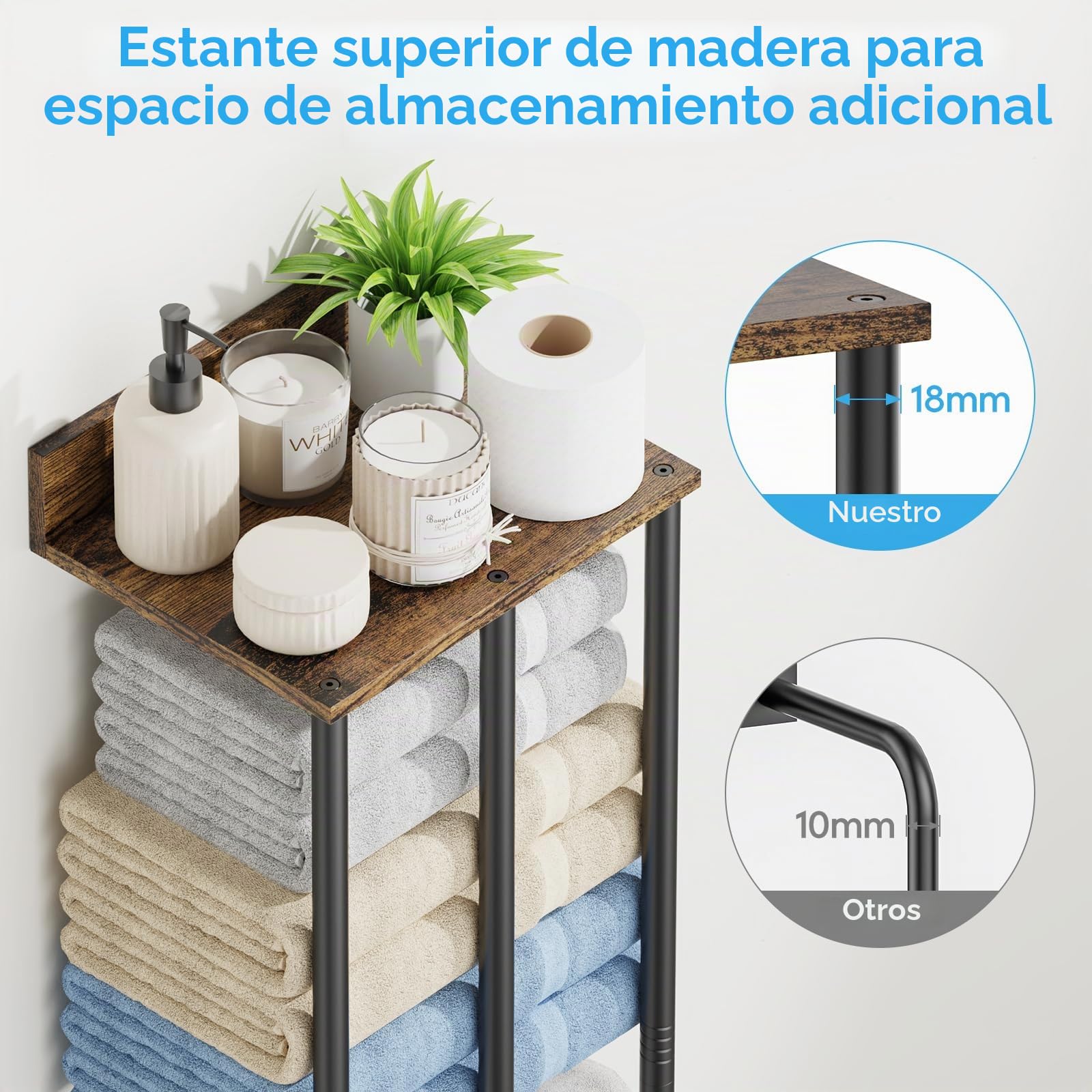 Perchas para Toallas para Baño con Montaje en Pared y Estante de Almacenamiento, Portatocas para Toallas Enrolladas, Resistente y con Gran Capacidad, Organizador de Toallas - Estilo Rústico