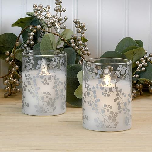 Miniatura 3 de LumaBase Velas LED de cristal con llama parpadeante, helecho plateado, juego de 2