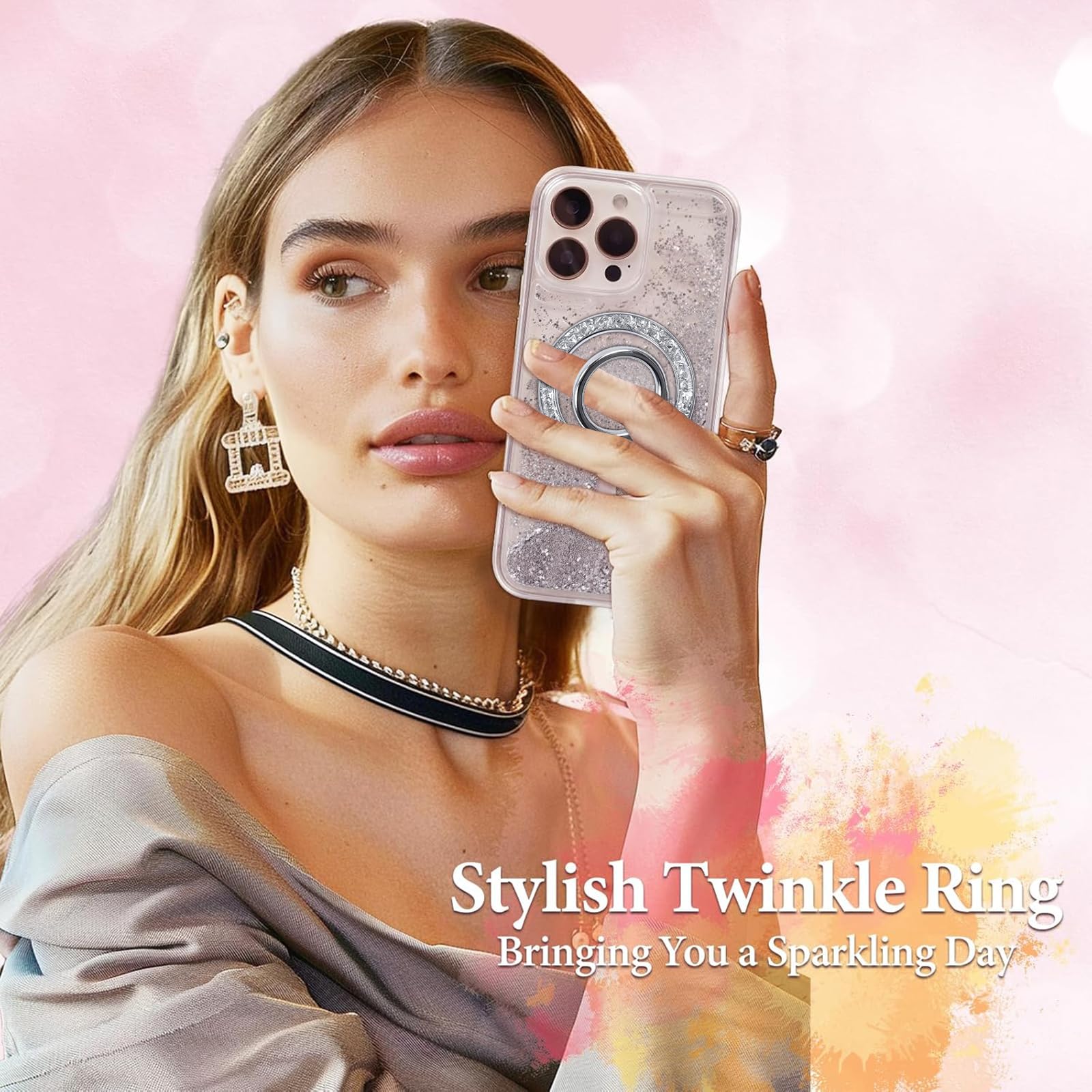MENTINS Magnetic Phone Ring for MagSafe Grip [Super Magnet] Gold Twinkle Design Ring Holder Stand, Mag Safe Accessory for iPhone 17/16/15/14/13 Pro Max Plus — view 3