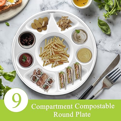 Miniatura 30 de three leaf 6 COMPARTMENT BAGASSE TRAY 400 Ct. Heavy-Duty- Super Strong- Natural- Eco-Friendly Disposable Bagasse Plates, 100% Biodegradable 6