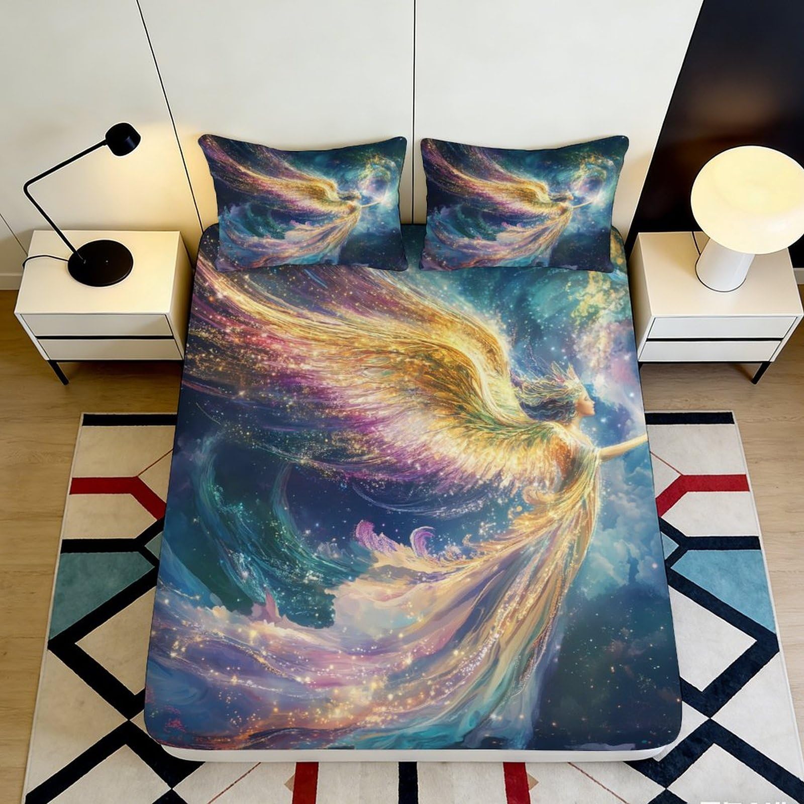 3D Printed Fantasy Angel Wings Fitted Sheet Microfiber Soft Blue Gold Dream Mattress Cover for Bedroom Decor 140x200x25cm