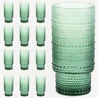 Large Capacity 16 oz Hobnail Drinking Glasses Set of 12, Vintage Glassware Drinking Glasses, Gradual Green Water Glasses Tumbler, Cups for Kitchen, Juice, Beer, Cocktail
