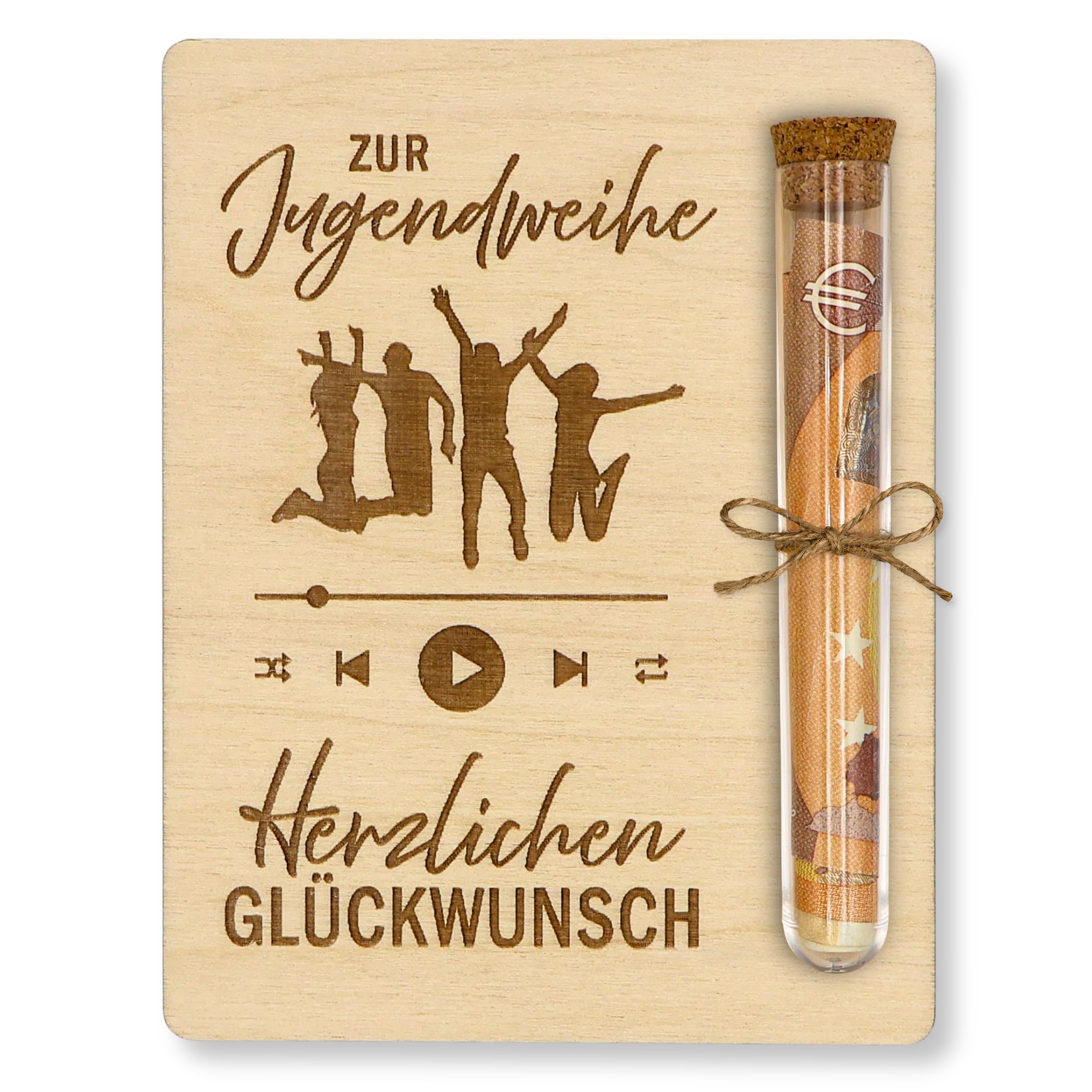 ZUKLA Verpackung für Geldgeschenke Jugendweihe - 13 x 10 cm - mit Reagenzglas - Geschenk für Jungen & Mädchen - Geldgeschenk Verpackung aus Holz