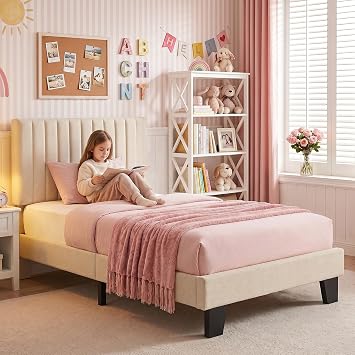 Feonase Twin Bed Frames with Upholstered Headboard, Linen Platform Bed Frame with Wooden & Metal Slats Support, Storage Space Under Bed, No Box Spring Needed, Easy Assembly, Beige