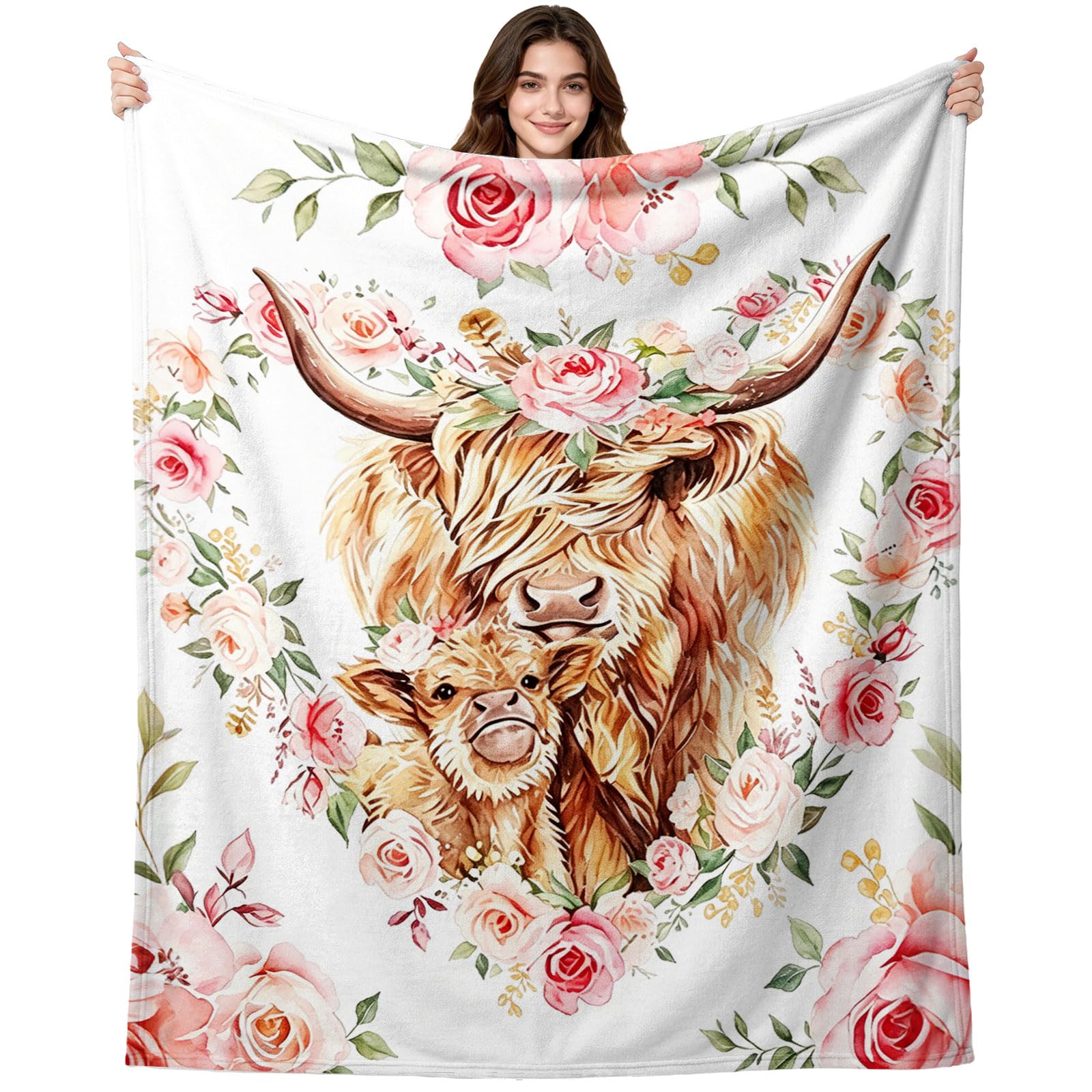 Highland Cow Throw Blanket, 40'' X 50'' Pink Floral Ultra Soft Cozy Fleece Plush Warm Flannel Scottish Cow Flannel Blanket, Lightweight Warm Cute Rustic Farm Cow Print Blanket for Couch Bed（Pink)