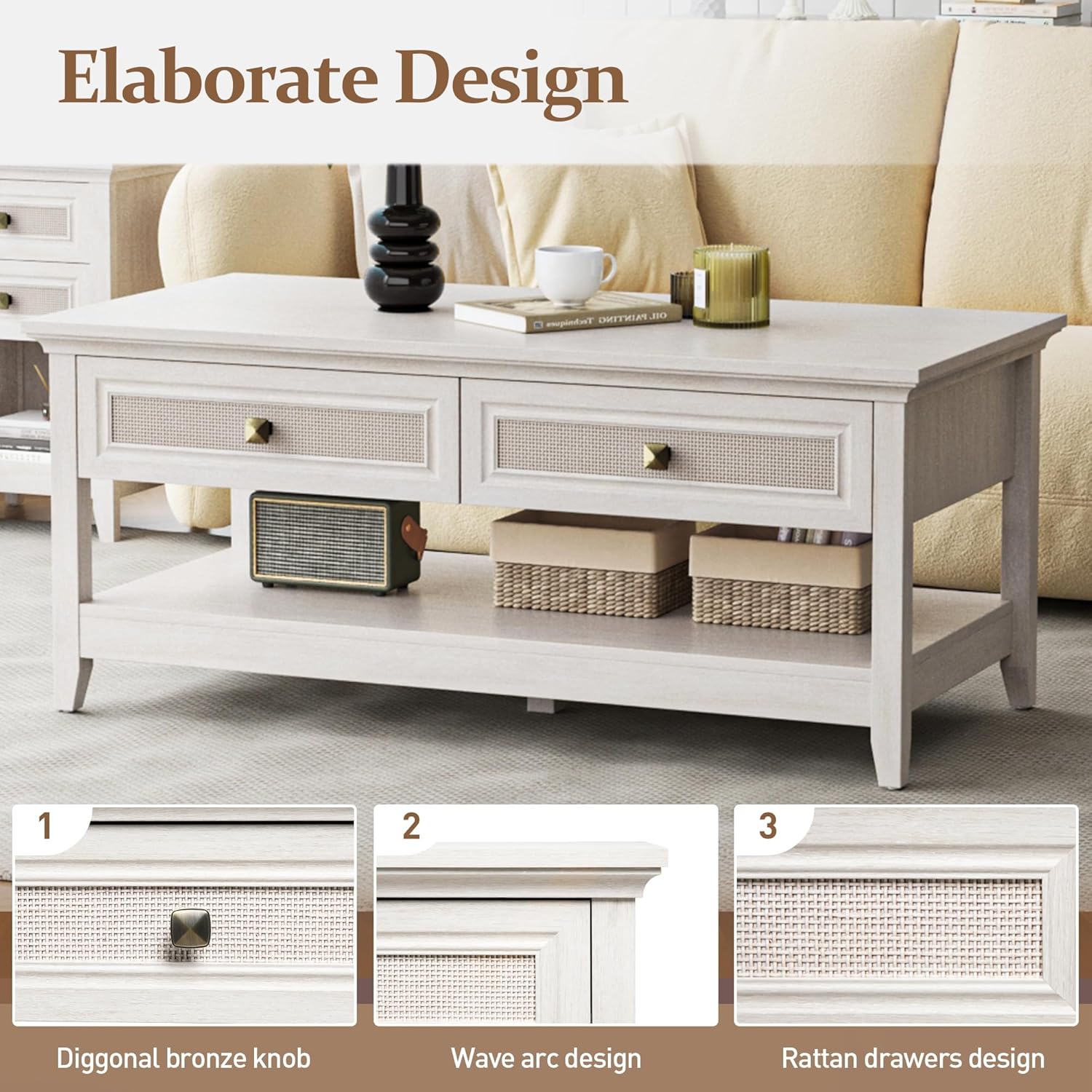 HEYNEMO Farmhouse Coffee Table, Boho Tea Table with 2 Rattan Decor Drawers, Accent Center Sofa Table with Storage Shelf, 2 Tier Coffee Table for Bedroom, Living Room, Home, Office, White