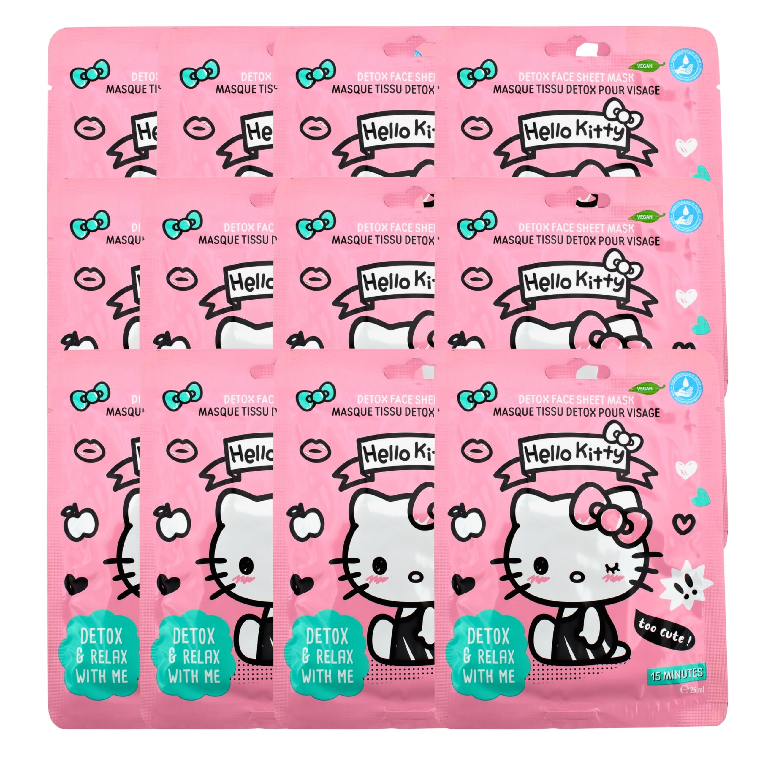 Hello Kitty Gesichtsmasken Set – Feuchtigkeitsspendende Tuchmasken mit Hyaluronsäure – 12 Stück Vegan Spa Beauty Set für Kinder, Teenager & Frauen – Sanft, Beruhigend & Pflegend