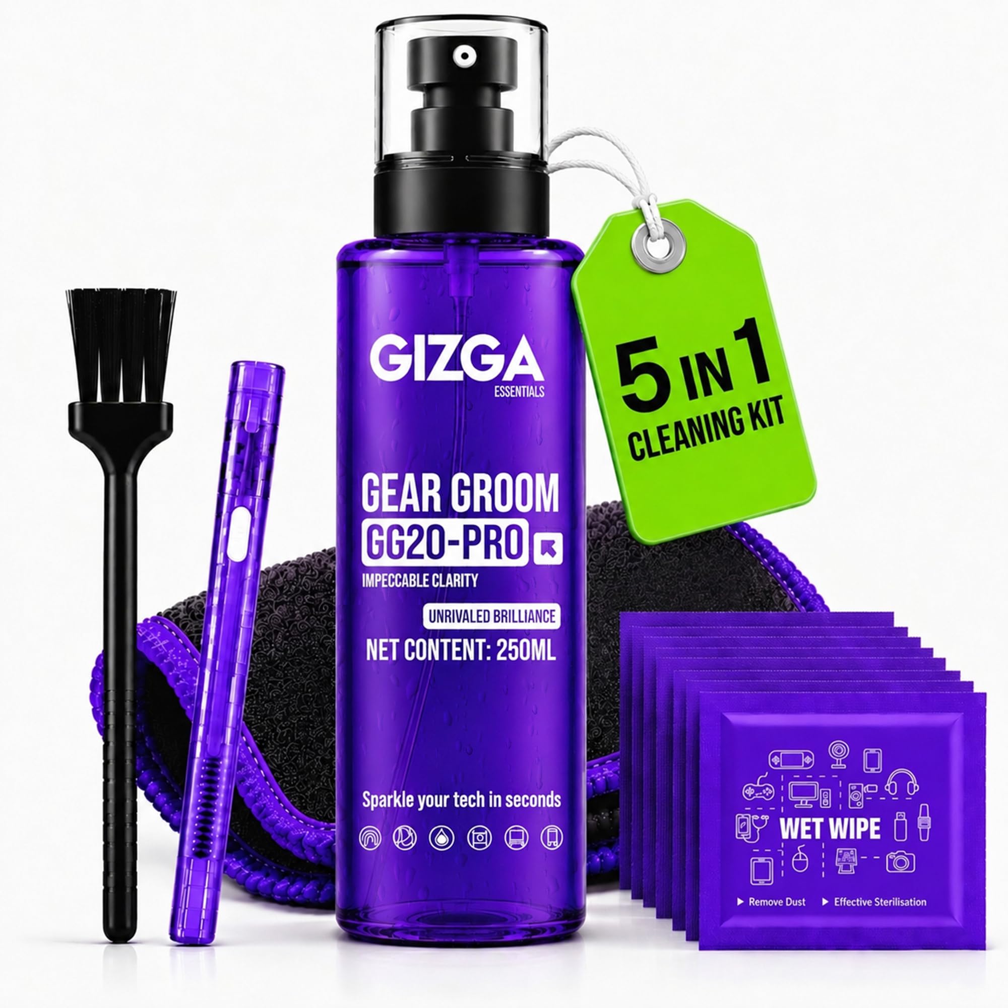 Gizga Essentials Professional 2in-1 Cleaning Kit for Camera, Lens, Binocular, Laptop, TV, Monitor, Smartphone, Tablet (Includes: Antibacterial Cleanin