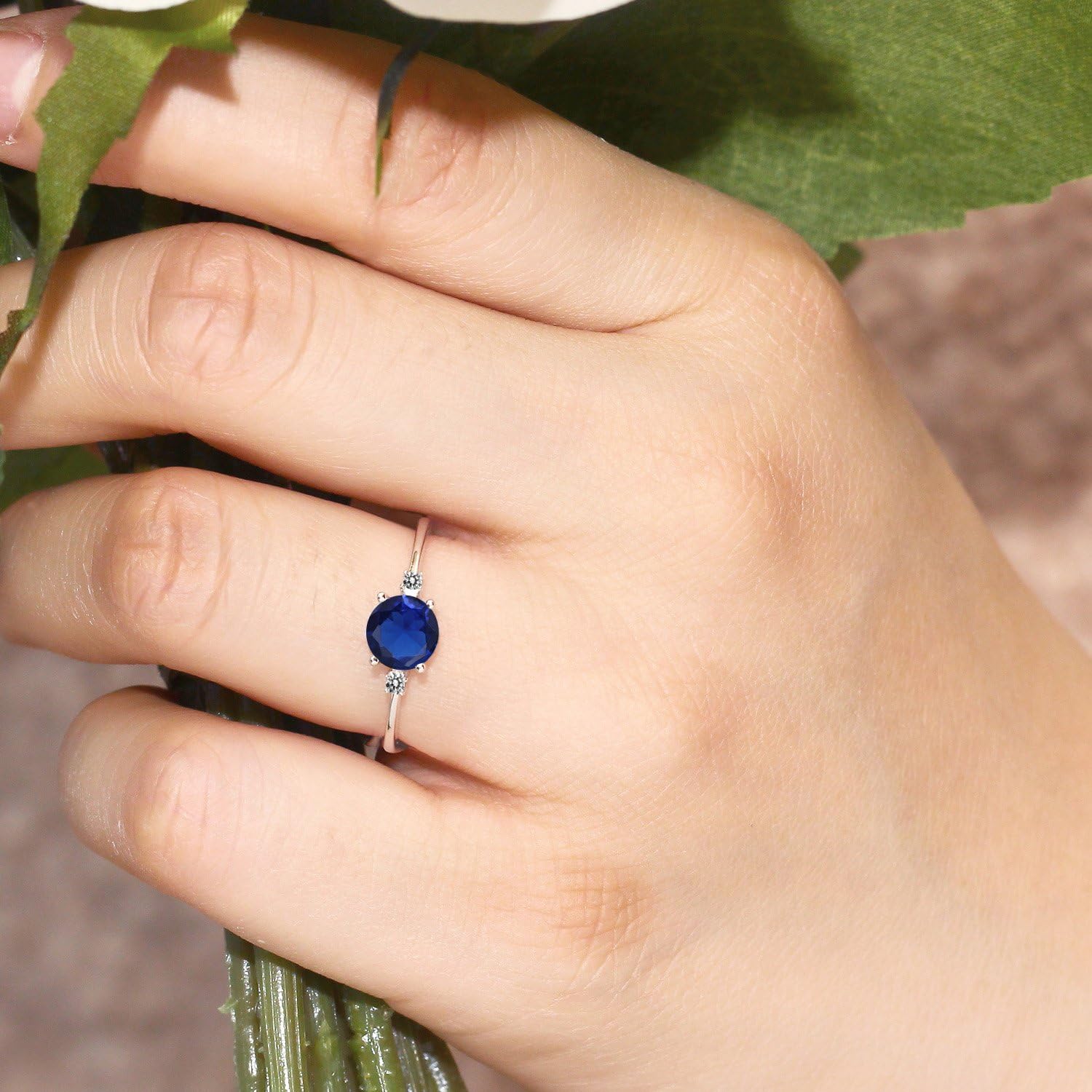 Gem Stone King 10K White Gold Blue Created Sapphire and White Diamond Solitaire Engagement Ring For Women (0.78 Cttw, Round 6MM, Gemstone September Birthstone)
