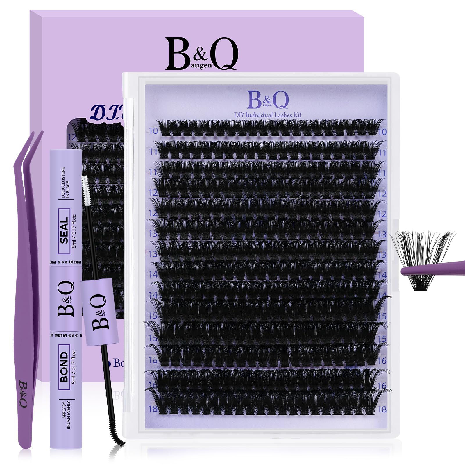 Lash Extension Kit 280Pcs Volume Individual Lashes Kit Superfine Individual Lashes 10-18mm Soft D Curl Lash Clusters Kit with Bond and Seal Lash Tweezers for Self Use （Kit，90D-10-18MIX）