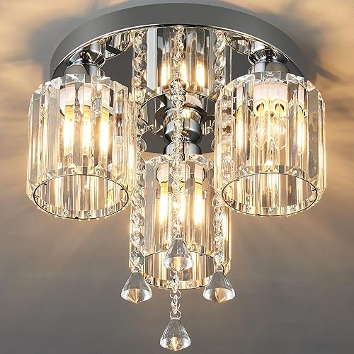 Lámpara de techo semiempotrada, 6 luces cerca del techo, lámpara moderna de cristal cromado para cocina, entrada, dormitorio, baño, vestíbulo, luz