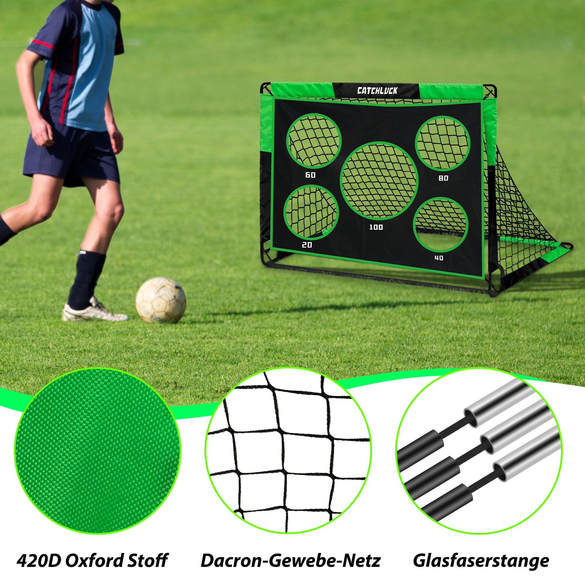 Fussballtore für Garten Kinder Fussballtor 2 In 1 Fussball Tor Pop Up Tor mit Schussloecher und Tragetasche, Bodennägeln