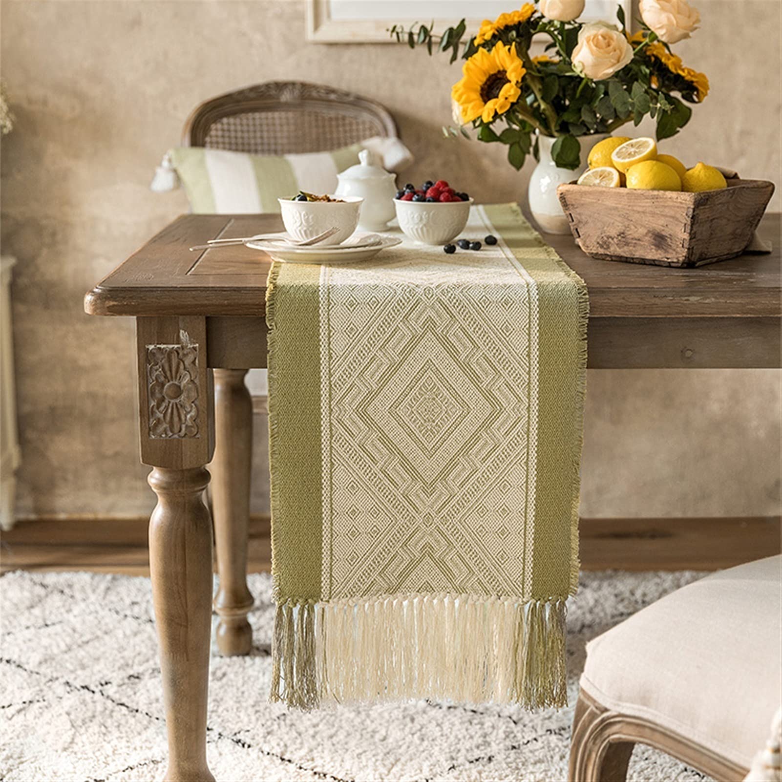 Runner da Tavola Runner da Tavola Natalizi in Tessuto Di Cotone e Lino con Nappe Decorazione da Tavola Cucina per la Casa Tovaglia da Matrimonio/a/36X200Cm