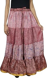 Womens Boho Gypsy Long Skirt Pink Silk Sari Flare Belly Dance Tiered Skirts L
