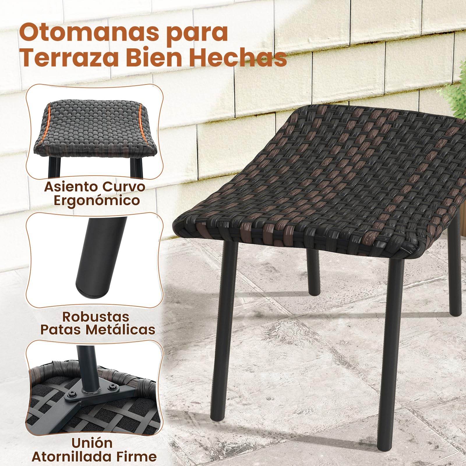 COSTWAY 2 Otomanas Ratán de Patio, Taburetes con Espuma Acolchada, Patas de Metal Resistentes, Reposapiés de Mimbre Exteriores Piscina Patio Trasero, Marrón