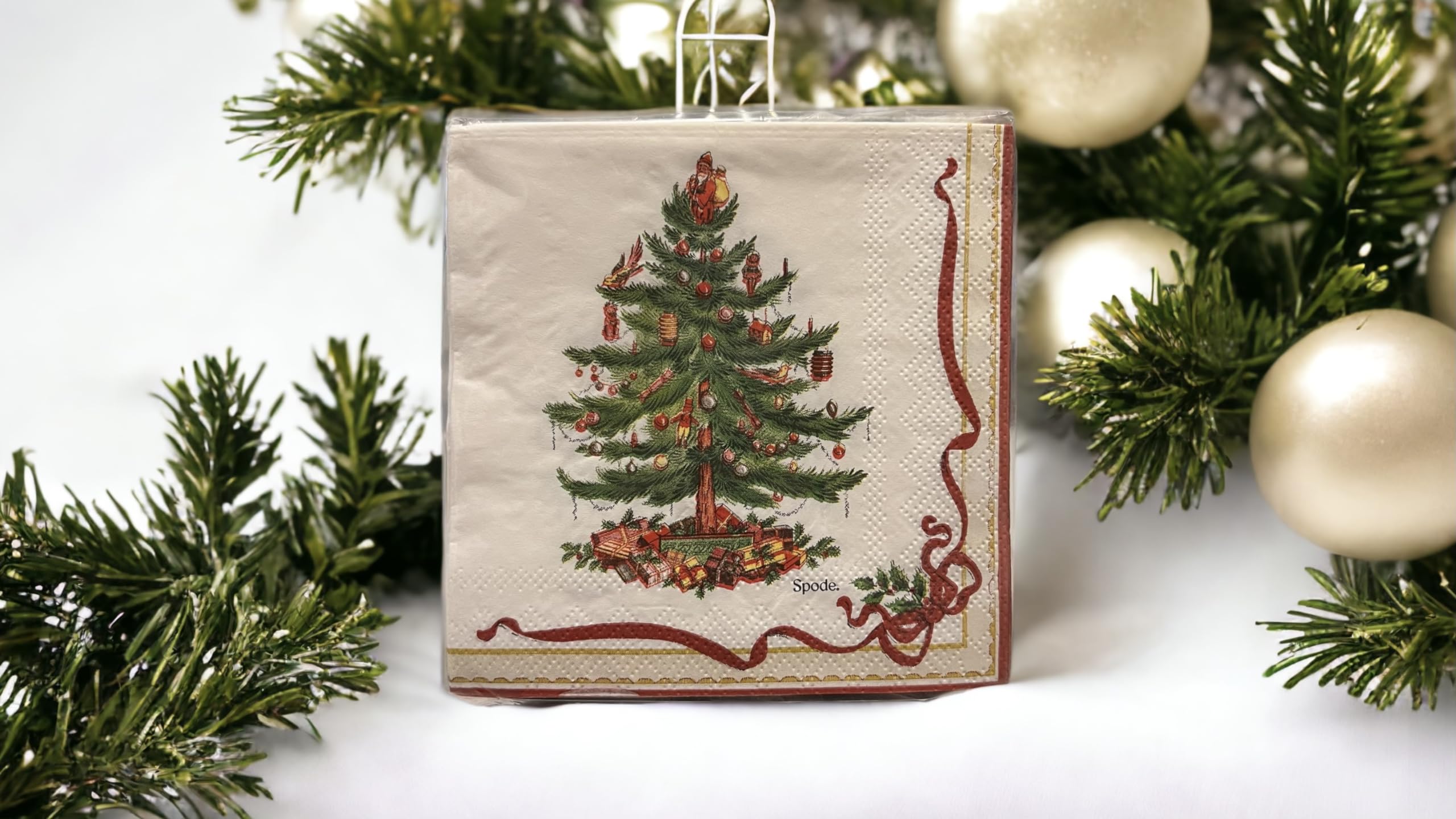 Spode Servilletas de papel desechables para árbol de Navidad para fiestas de Navidad, borde de cinta roja, 40 unidades (cóctel)