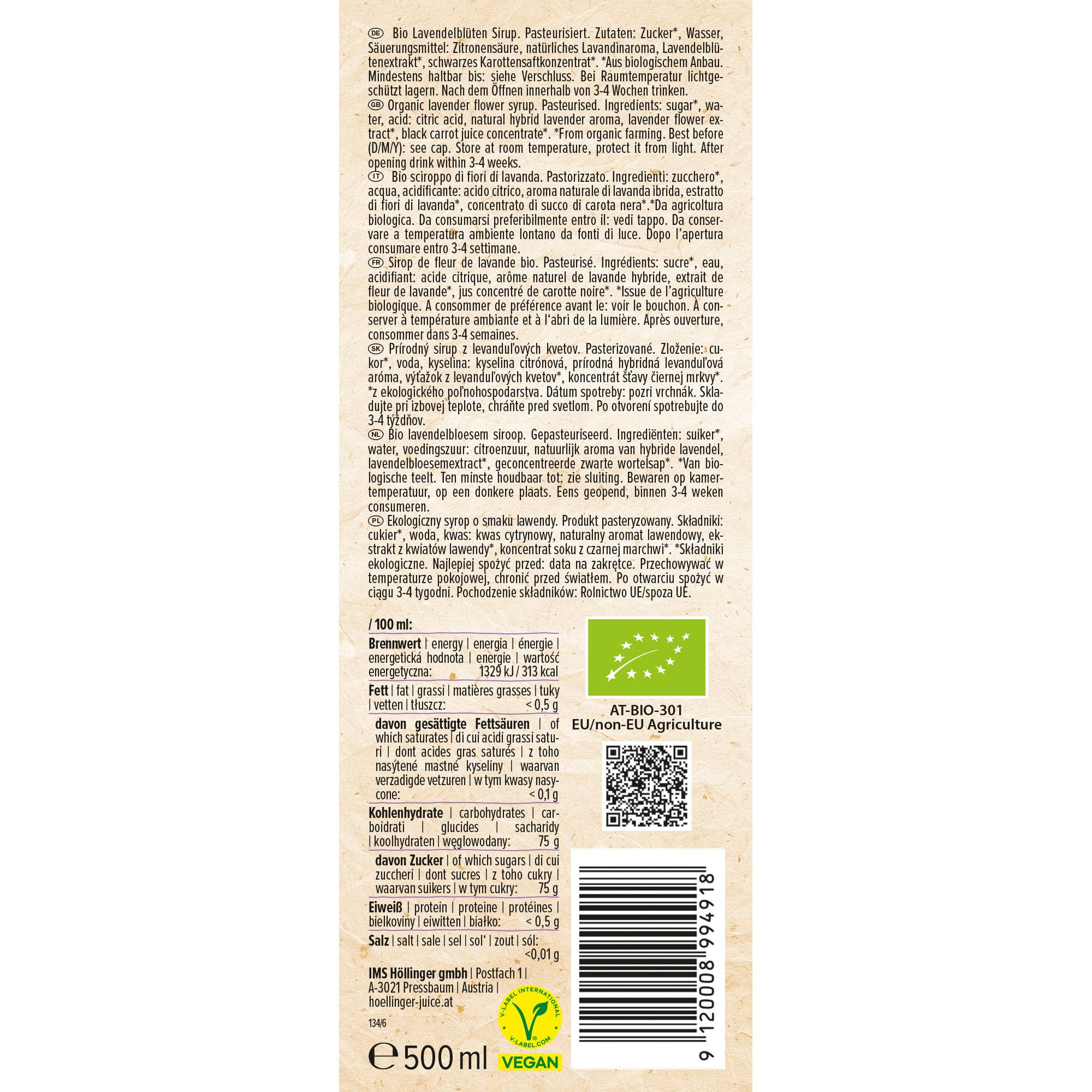 Höllinger biologique Sirop de fleurs de lavande - végétalien, bouteille en verre de 3x500 ml - détend tout au long de la journée