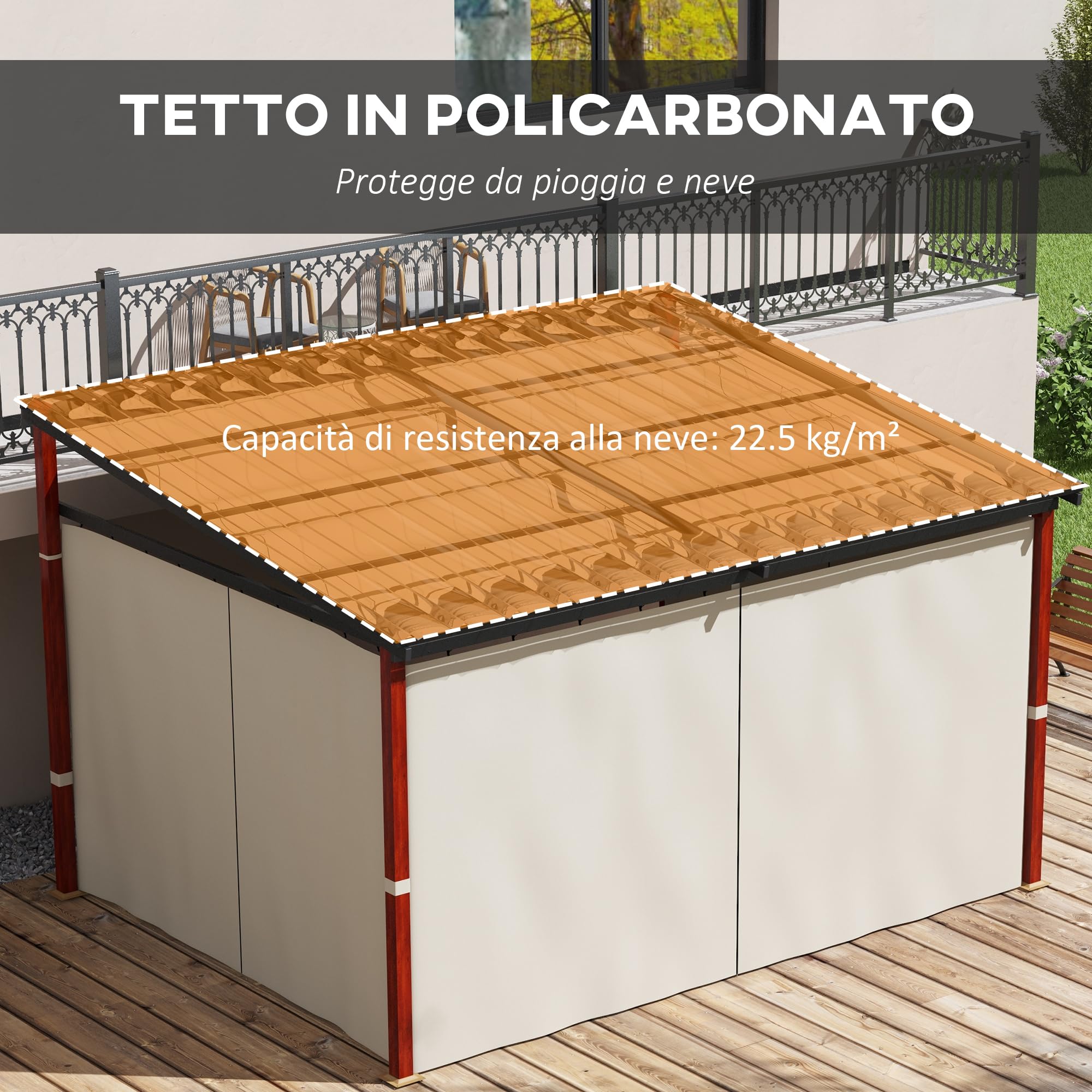 Pergola con Tende Laterali e Tetto Retrattile in PC in Alluminio e Metallo 345x300x215-255 cm Colore Crema