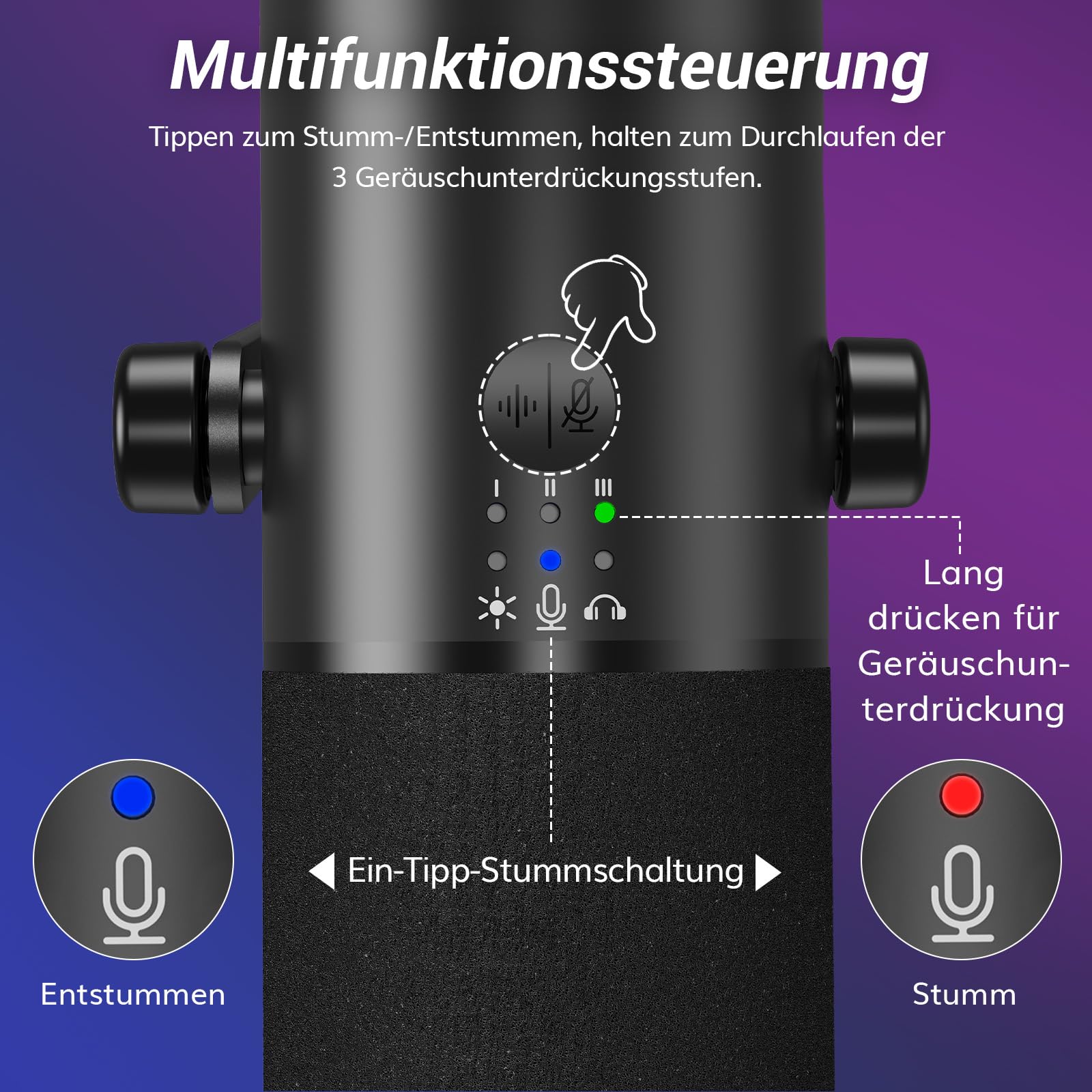 TONOR Dynamisches Gaming-Mikrofon, XLR/USB-Mikrofon für Streaming, AI-Geräuschunterdrückung, steuerbares RGB, Tap-Mute, 3,5-mm-Kopfhörerbuchse, Mikrofon mit Galgenarm, schwarz, TD510 AIR S+H