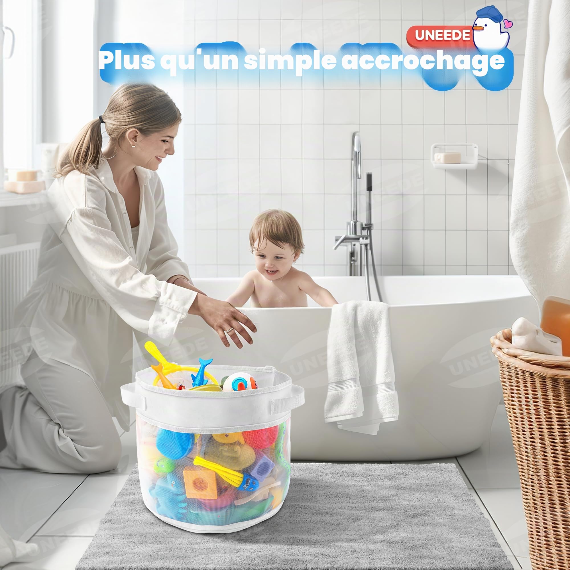 UNEEDE Rangement Jouet Bain, Filet Jouet Bain Bebe, Organiseur de Jouets de Bain avec 4 Crochets Adhésifs, Rangement Jouet Baignoire, Filet Jouet Bain de bébé, Rangement de Jouets de Bain pour bébé