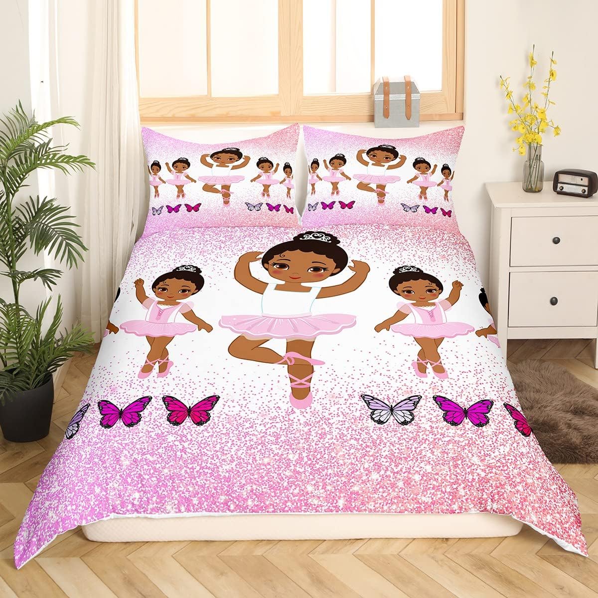 Black Girl Duvet Cover Twin Ballet Princess Bedding Set for Girls Colorful Butterfly Comforter Cover Pink Sequin Quilt Cover Ultra Soft Microfiber Bedding ( 1 Duvet Cover + 1 Pillowcase ), Pink White