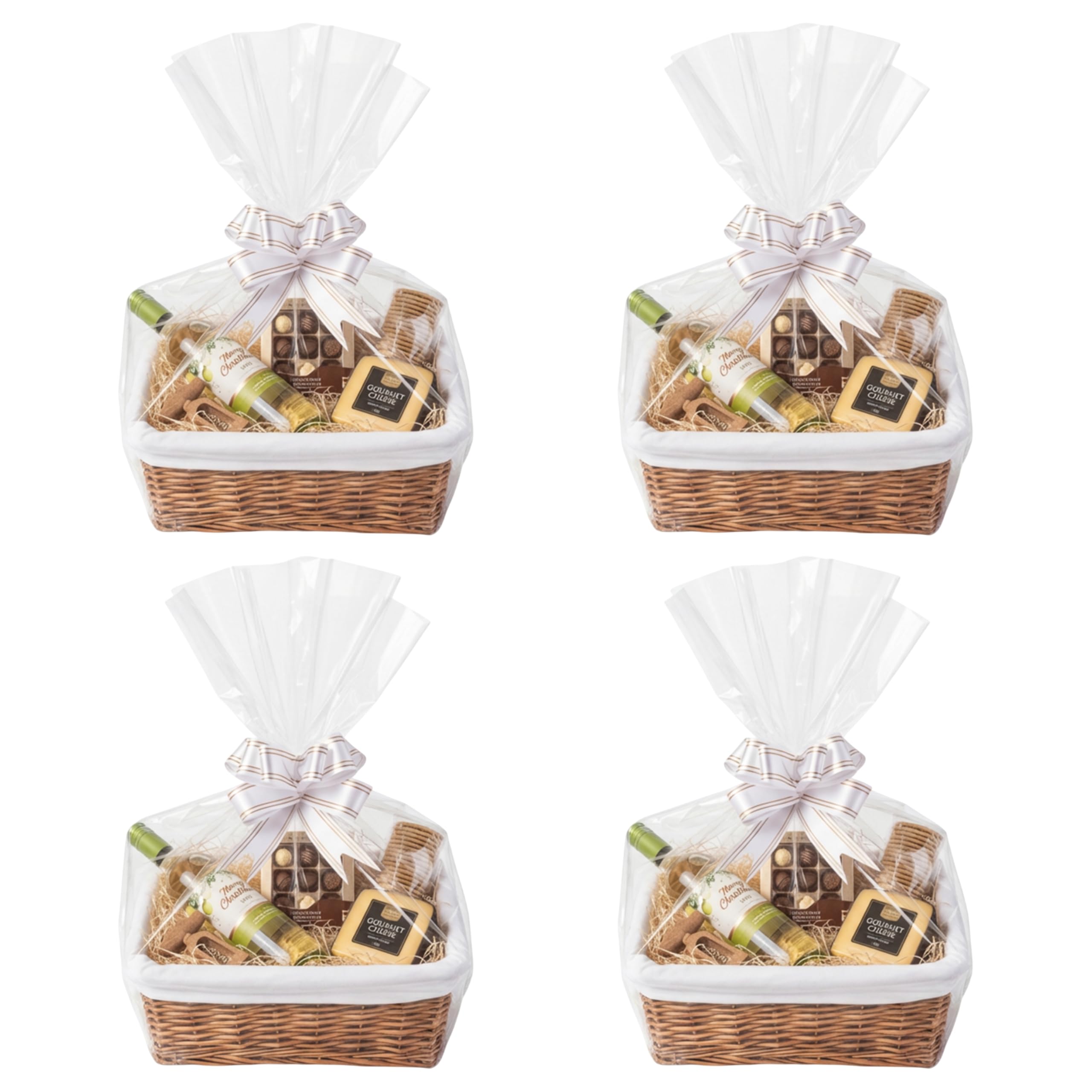 H-LINE 4 x SMALL Make Create Your Own Gift Hamper Kits - Natural Wicker Storage Basket Cellophane Wood Shred Bow Set - Ideal for Christmas Easter Christening Wedding Baby Shower or Birthday Gift
