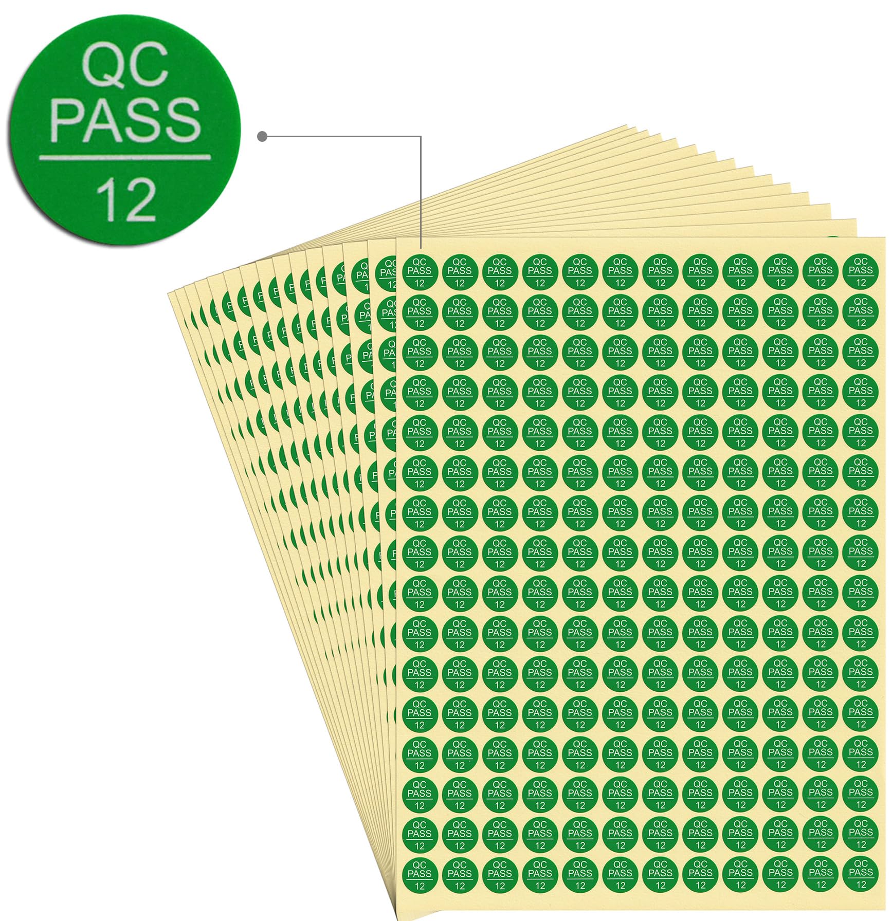 dealzEpic - Self-Adhesive Green QC Pass 12 Round Stickers: White Text on Green Background Labels - Pack of 15 Sheets