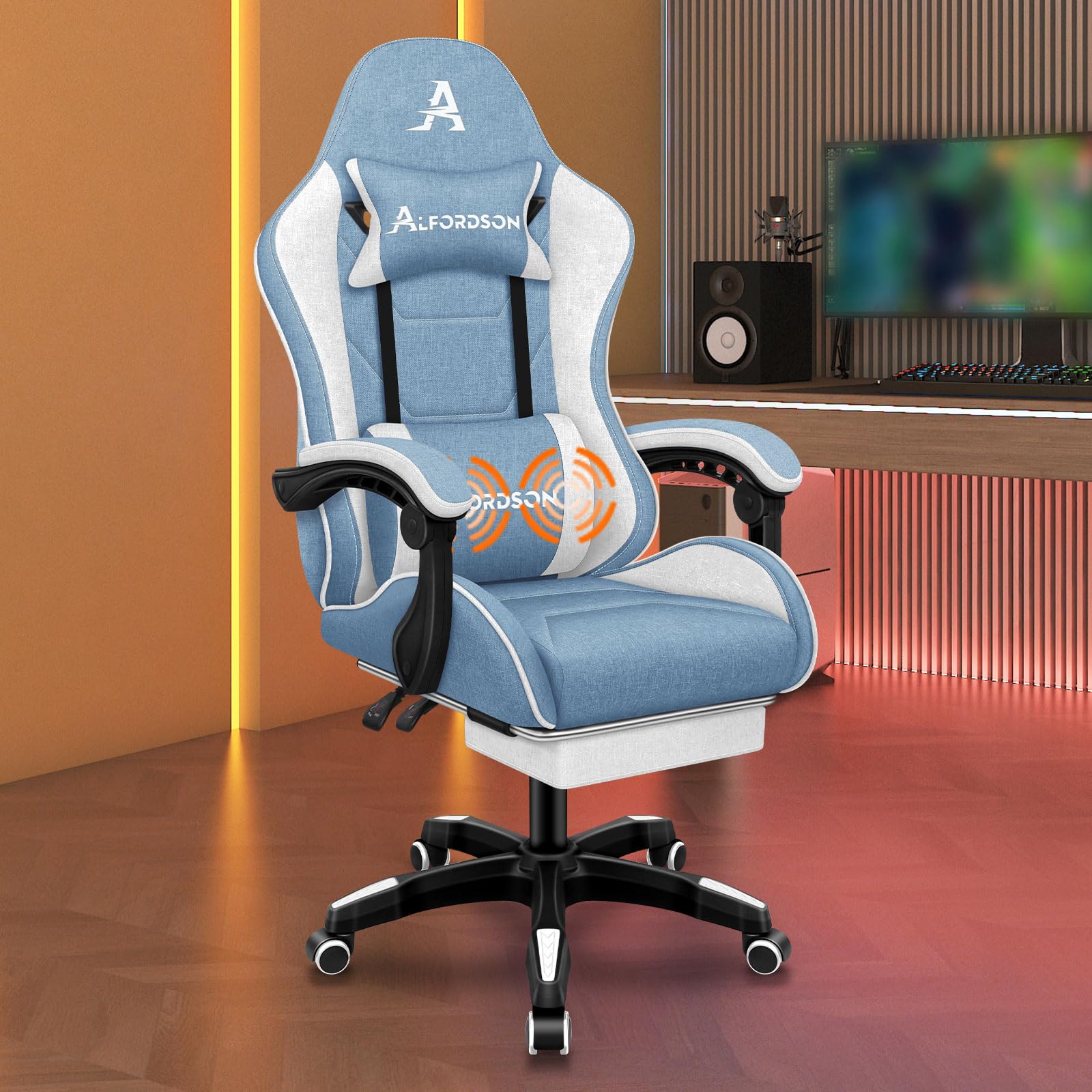 ALFORDSON Silla Gaming de Masaje, Silla de Oficina con reposapiés, Silla Gaming de Carreras, Capacidad de 180 kg, Respaldo Ajustable de 90-150°, Silla ergonómica para PC, Tela, Azul y Blanco