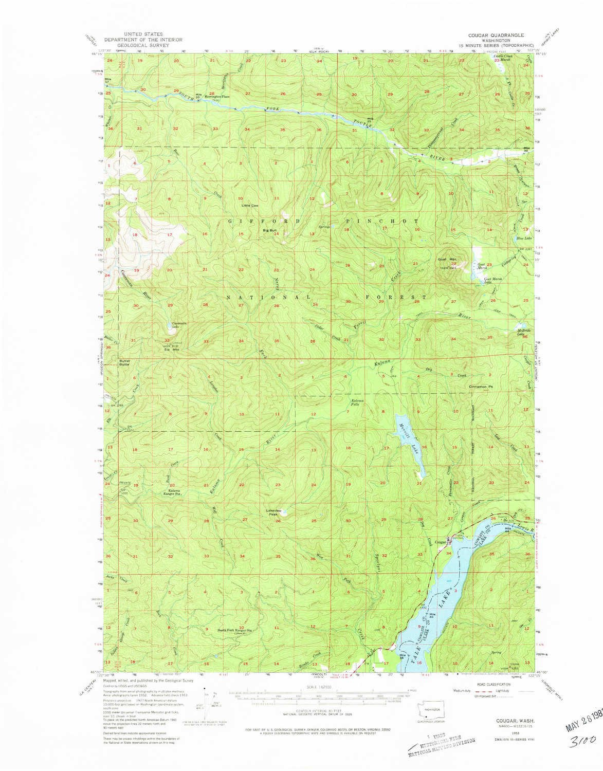 YellowMapsCougar WA topo map, 1:62500 Scale, 15 X 15 Minute, Historical, 1953, Updated 1981, 21.8 x 17 in