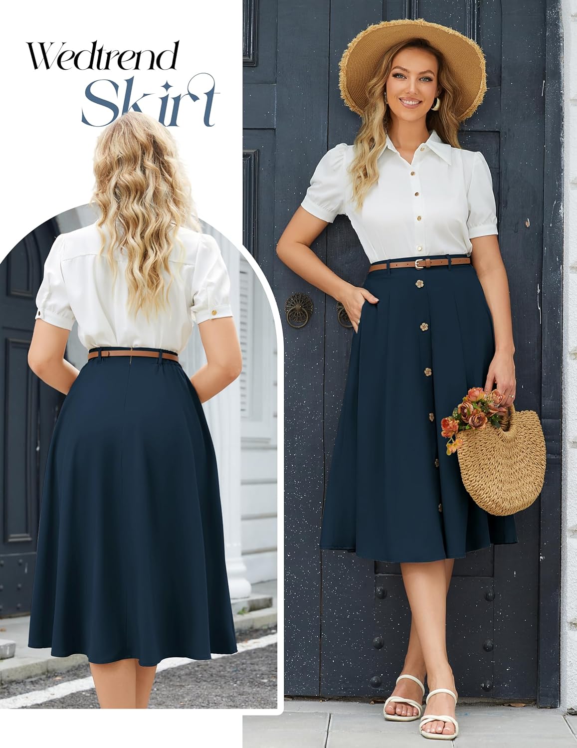 Wedtrend Womens Pleated Midi Skirt with Removable Belt Work Skirt Office Winter Skirts for Women 1950s Style Vintage Skirts with Pocket WTSK001NavyXXL - Image 2