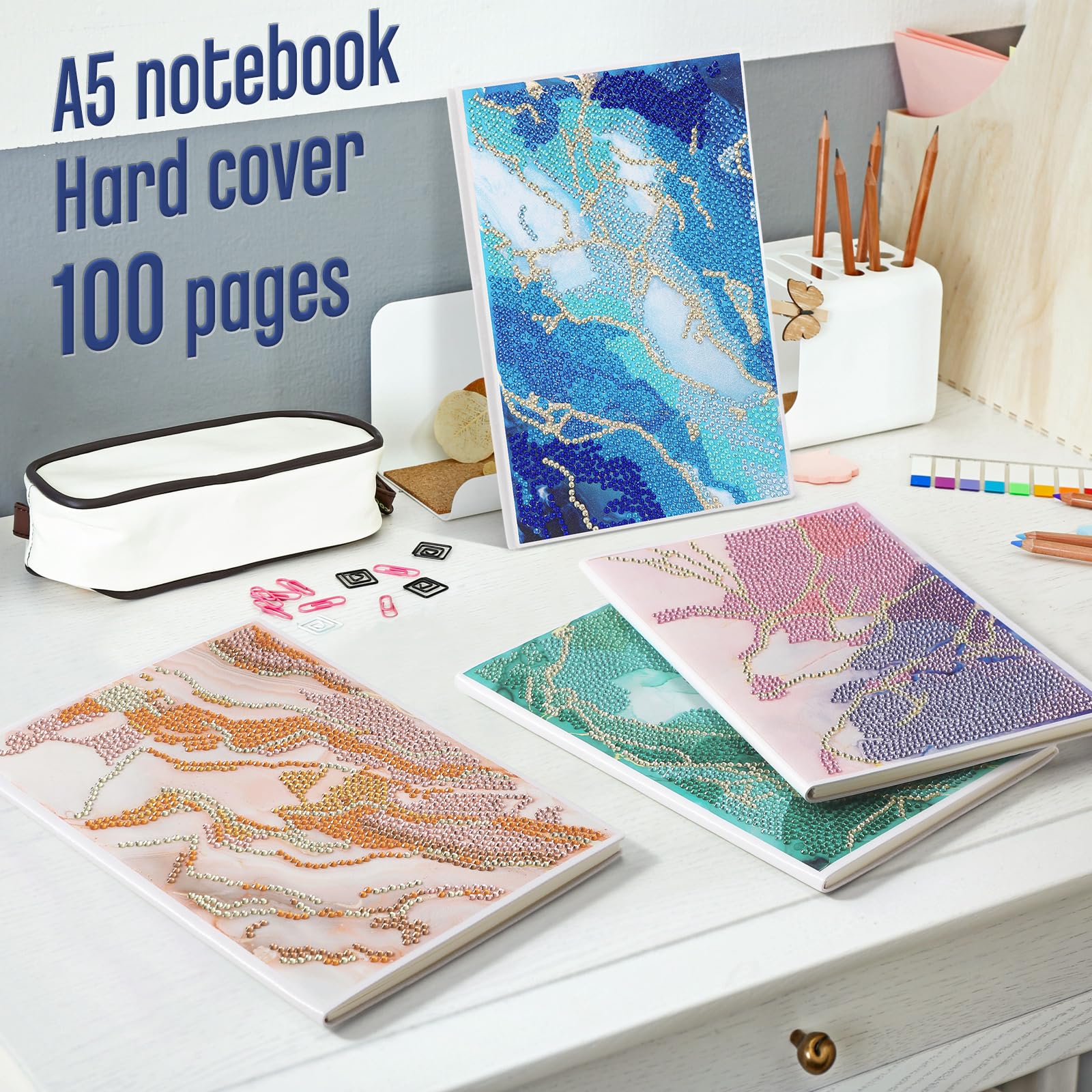 Mooliwe 4 cuadernos de pintura de diamantes 5D para adultos, diario de arte de diamantes, juegos de arte de diamantes, juegos de arte de diamantes, A5, cuaderno de bocetos de pintura de cuero,