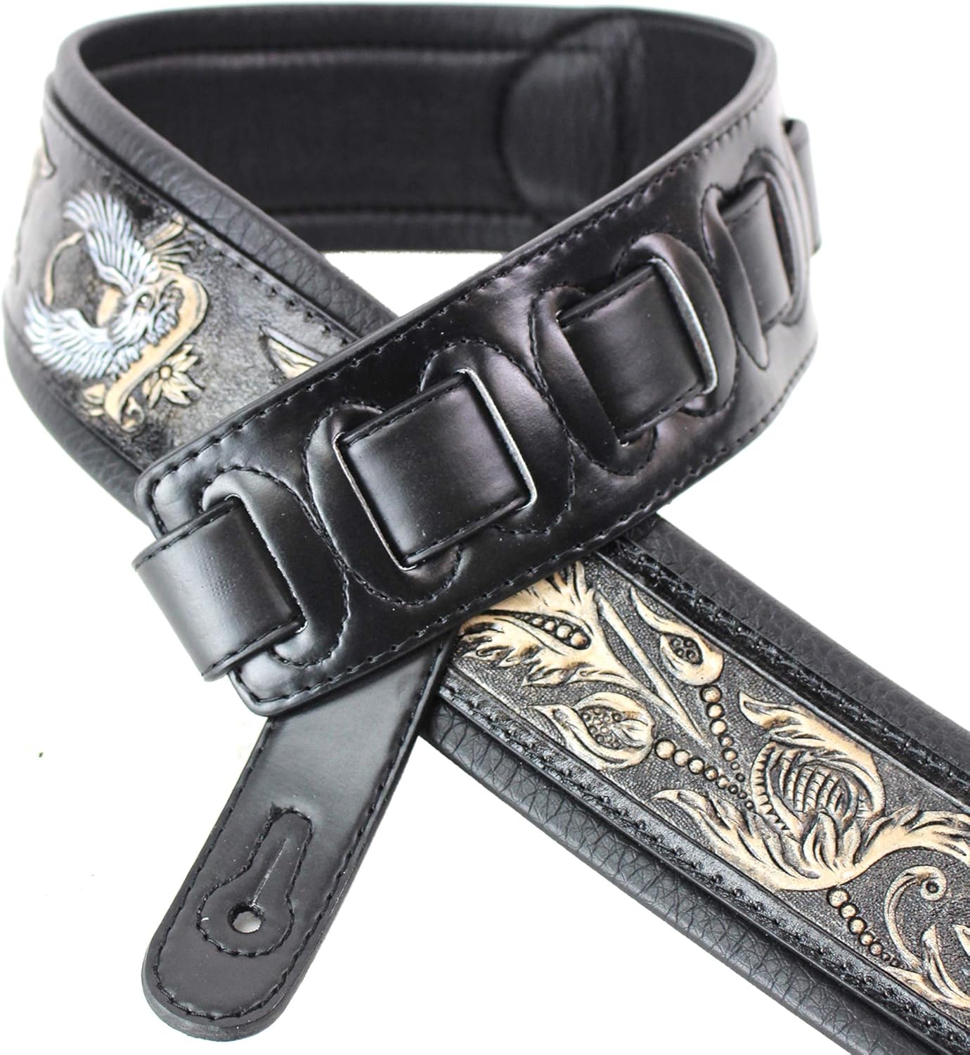 Walker & Williams KB-04-BLK Black Full Grain Handmade Center Block Premium Carving Leather Padded Guitar Strap With Banner Eagle And Vines For Acoustic, Electric, And Bass Guitars