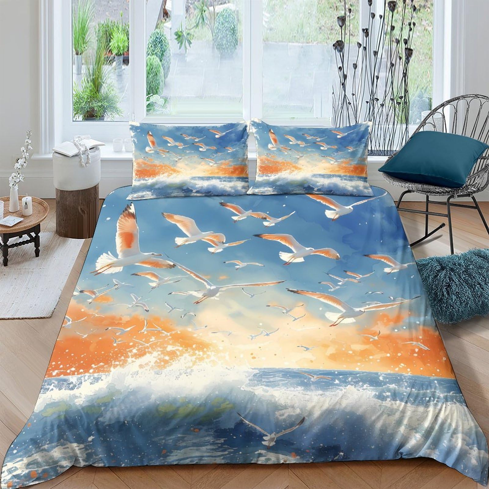 Ctjqhvkz Style-3 3D Printed Seaside Sunset Fitted Sheet Microfiber Soft Breathable Flying Seagulls Mattress Cover Bedroom Decor Single（135X200cm）