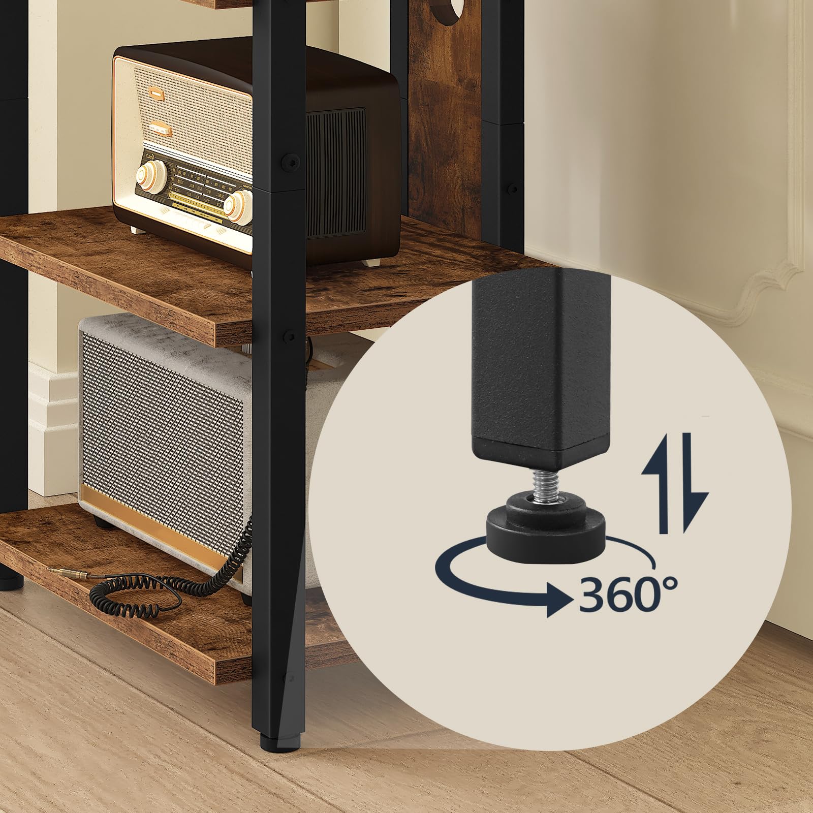HOOBRO Meuble Audio 4 Niveaux, Étagère Platine Vinyle avec Passe-câbles, Support Multimédia, Marron Rustique et Noir