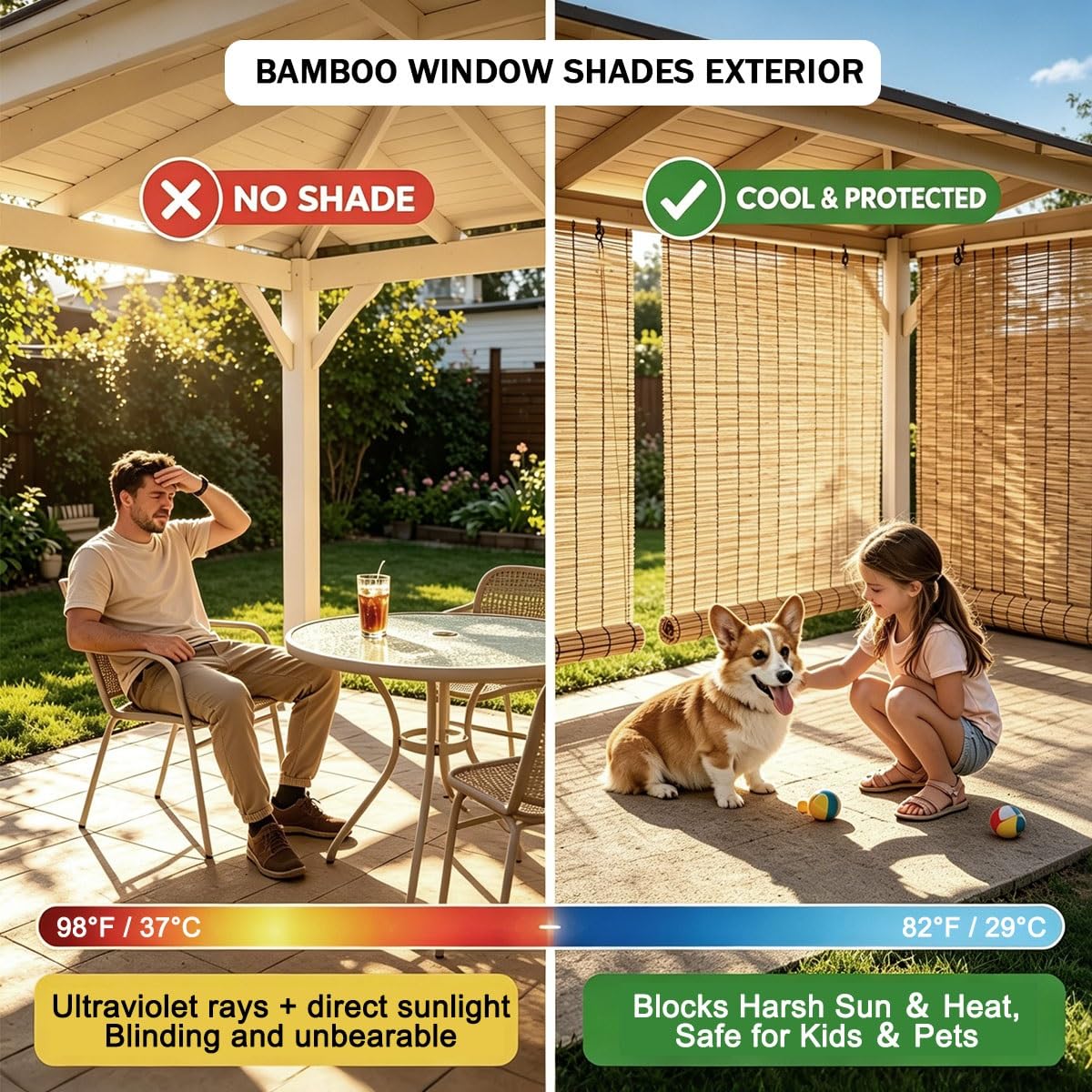 Naturel Store Bambou Enrouleur D'occultation 70% Stores Venitien Bambou Interieur Extérieur pour Fenêtre Porte Imperméables Intimité Rideau de Roseau Rétro Store en Bambou(W140cm x H200cm)