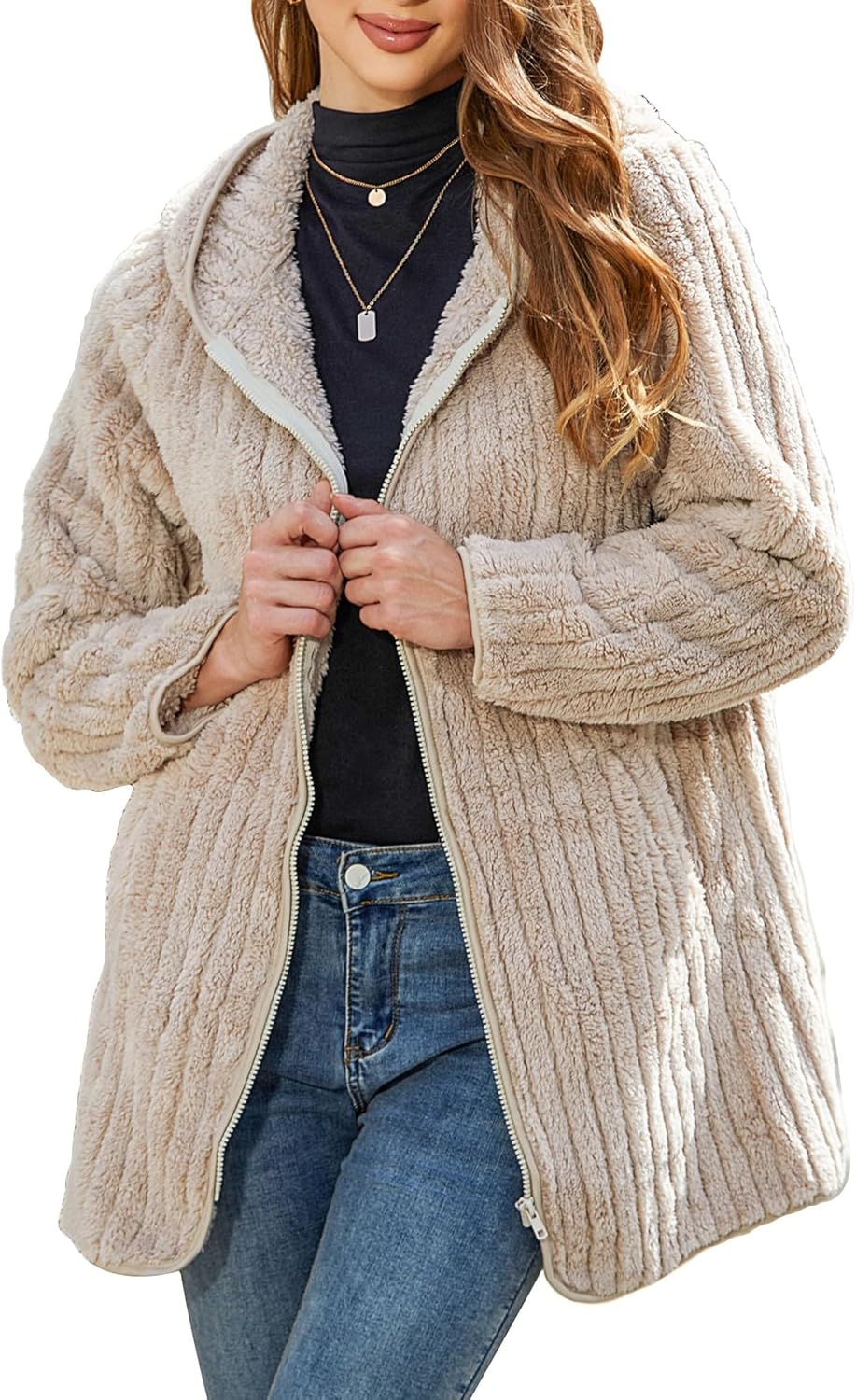 Vipwest Womens Fleece Jacket Hooded Winter Warm Full Zip Long Sleeve Sherpa Jacket Coat Outerwear with Hood (S-5XL)