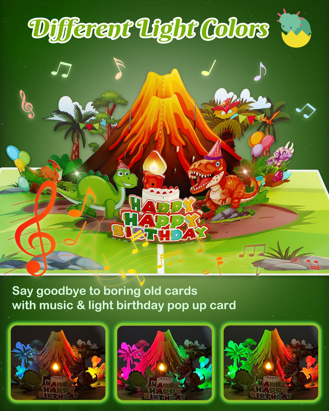 D4DREAM Cartes d'anniversaire musicales dinosaures pour enfants – Bougie soufflante musique et lumière 3D Pop Up Carte de vœux d'anniversaire avec enveloppe, insert vierge – Cadeau d'anniversaire sur