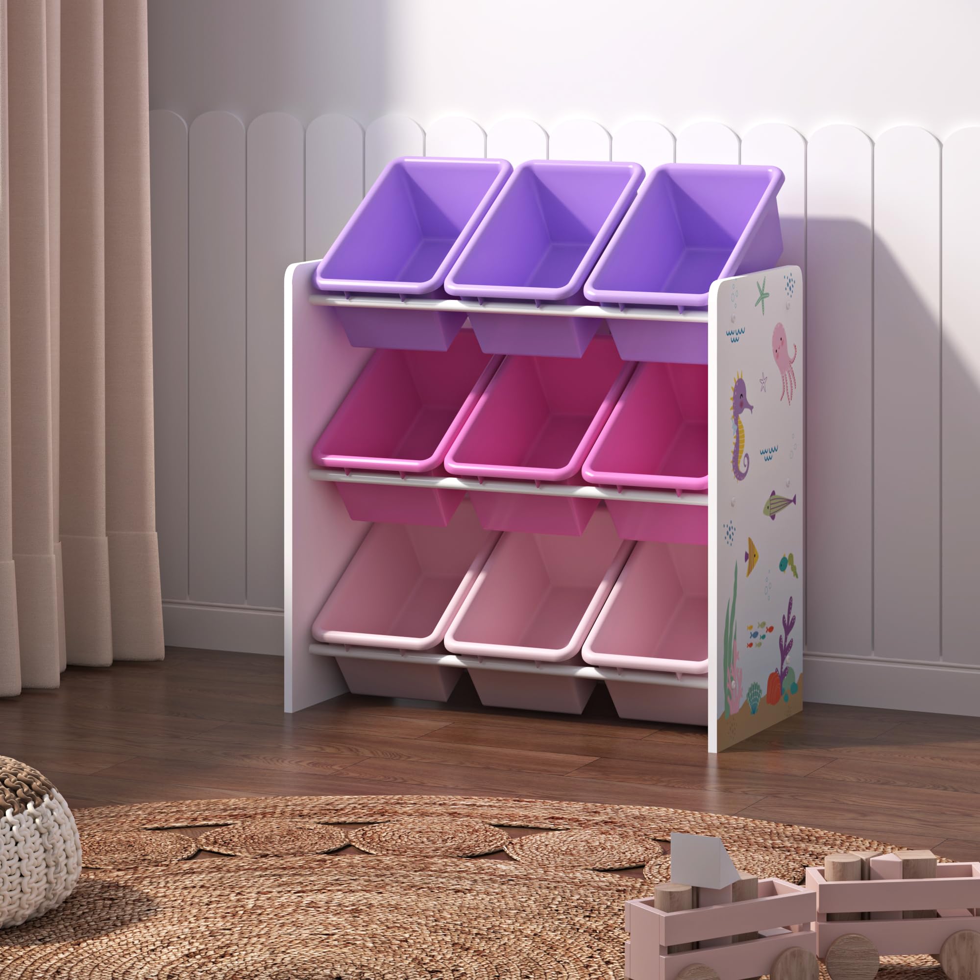 [en.casa] Étagère pour Enfant à 9 Bacs Ouverts Amovibles Meuble de Rangement Jouets à Motif Océan Panneau de Particules Plastique Métal 60 x 62 x 27 cm Blanc Rose Violet