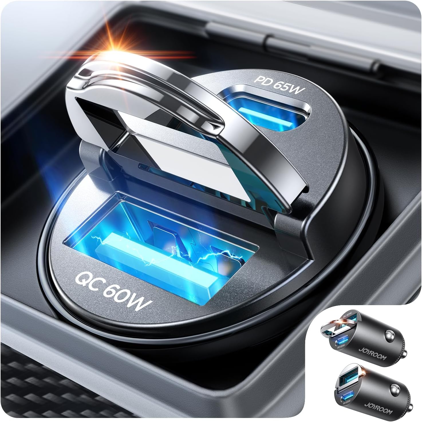 JOYROOM 2-Pack 125W USB C Car Charger [Mini, Flush Fit w/Pull Ring] Dual-Port Car Cigarette Lighter Adapter, Super Fast Car Charger for iPhone 17/16 Pro Max, Galaxy S26/25, MacBook Air, iPad and More