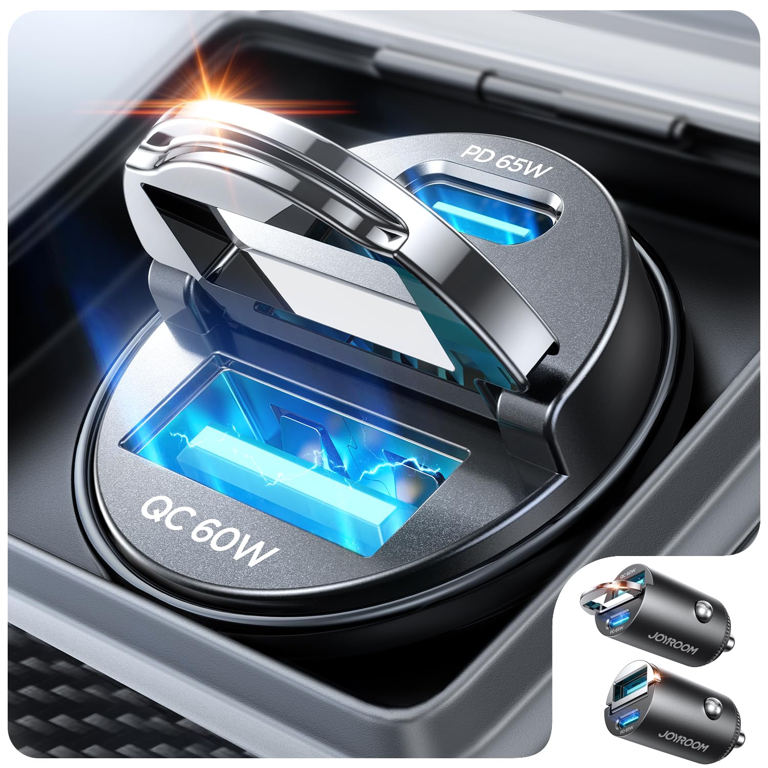 JOYROOM 2-Pack 125W USB C Car Charger [Mini, Flush Fit w/Pull Ring] Dual-Port Car Cigarette Lighter Adapter, Super Fast Car Charger for iPhone 17/16 Pro Max, Galaxy S26/25, MacBook Air, iPad and More - 1