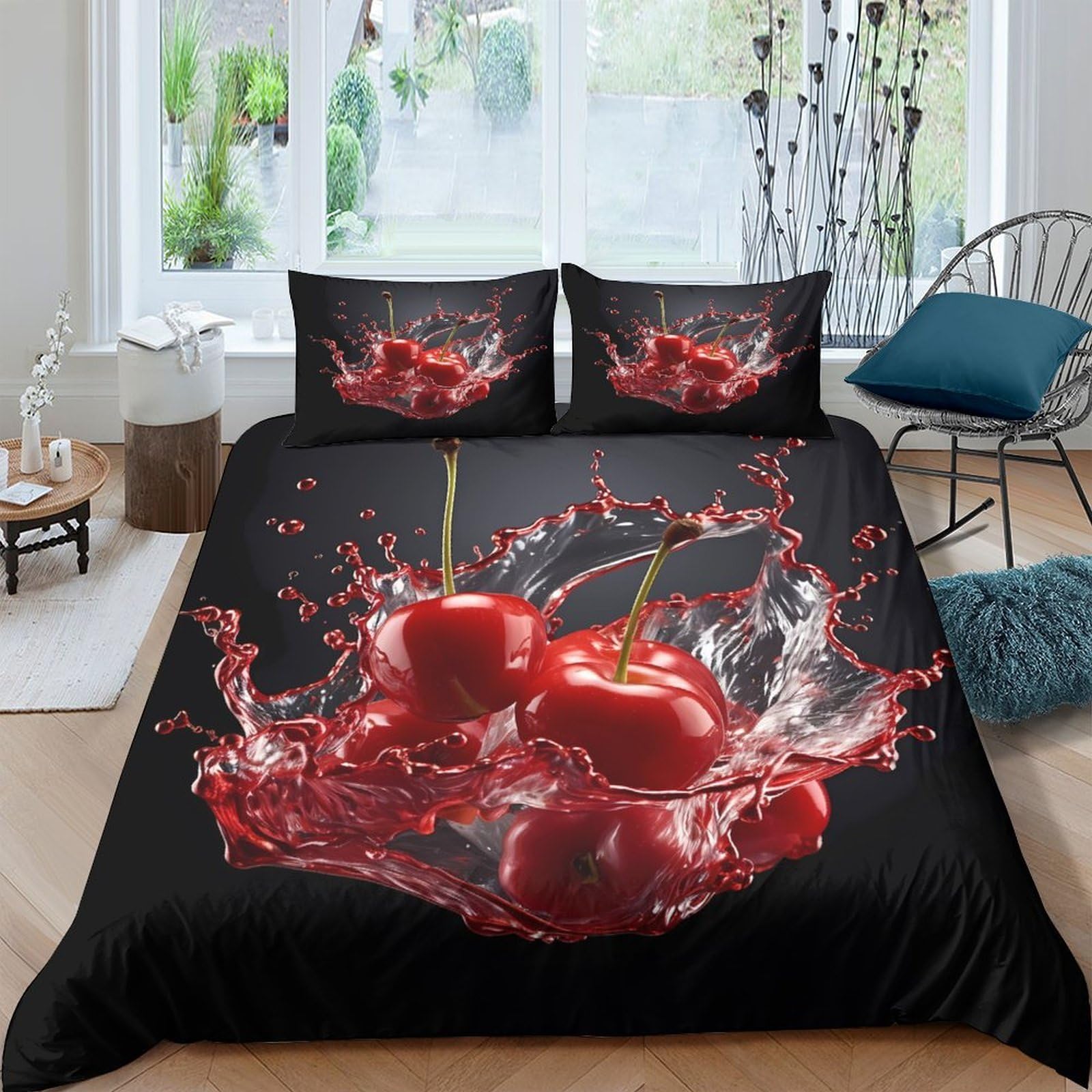 Ctjqhvkz Style-8 3D Printed Cherry Splash Fitted Sheet Microfiber Soft Black Artistic Fruit Bed Sheet For Bedroom Dorm Decor Single（135X200cm）