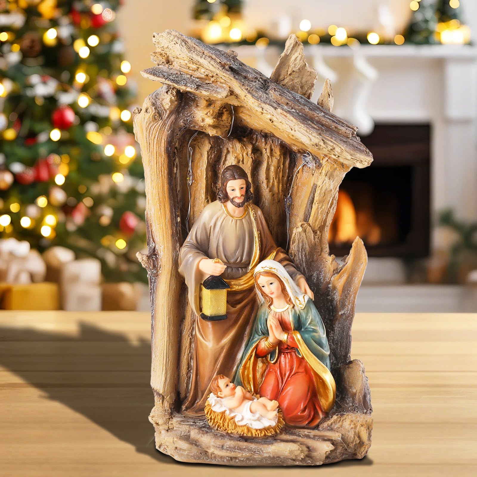 Yinns Zestaw szopki bożonarodzeniowej do wewnątrz, 30 cm, zestaw szopki z figurkami, podświetlana szopka bożonarodzeniowa, dekoracja stołu z żywicy religijnej, dekoracja stołu na Boże Narodzenie
