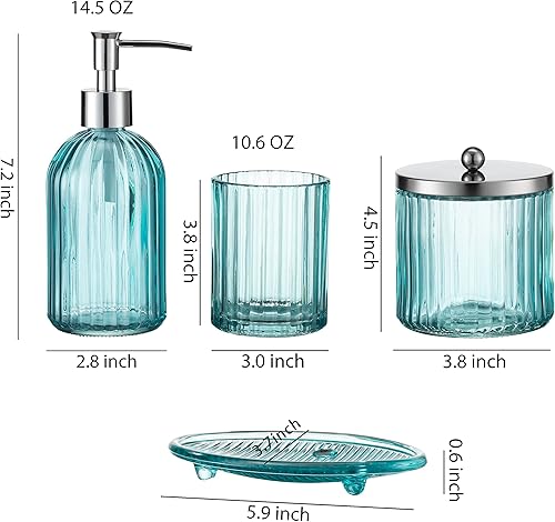 Miniatura 8 de Juego de 4 accesorios de baño de vidrio pesado con patrón decorativo prensado, incluye dispensador de jabón de mano, vaso, jabonera y soporte para