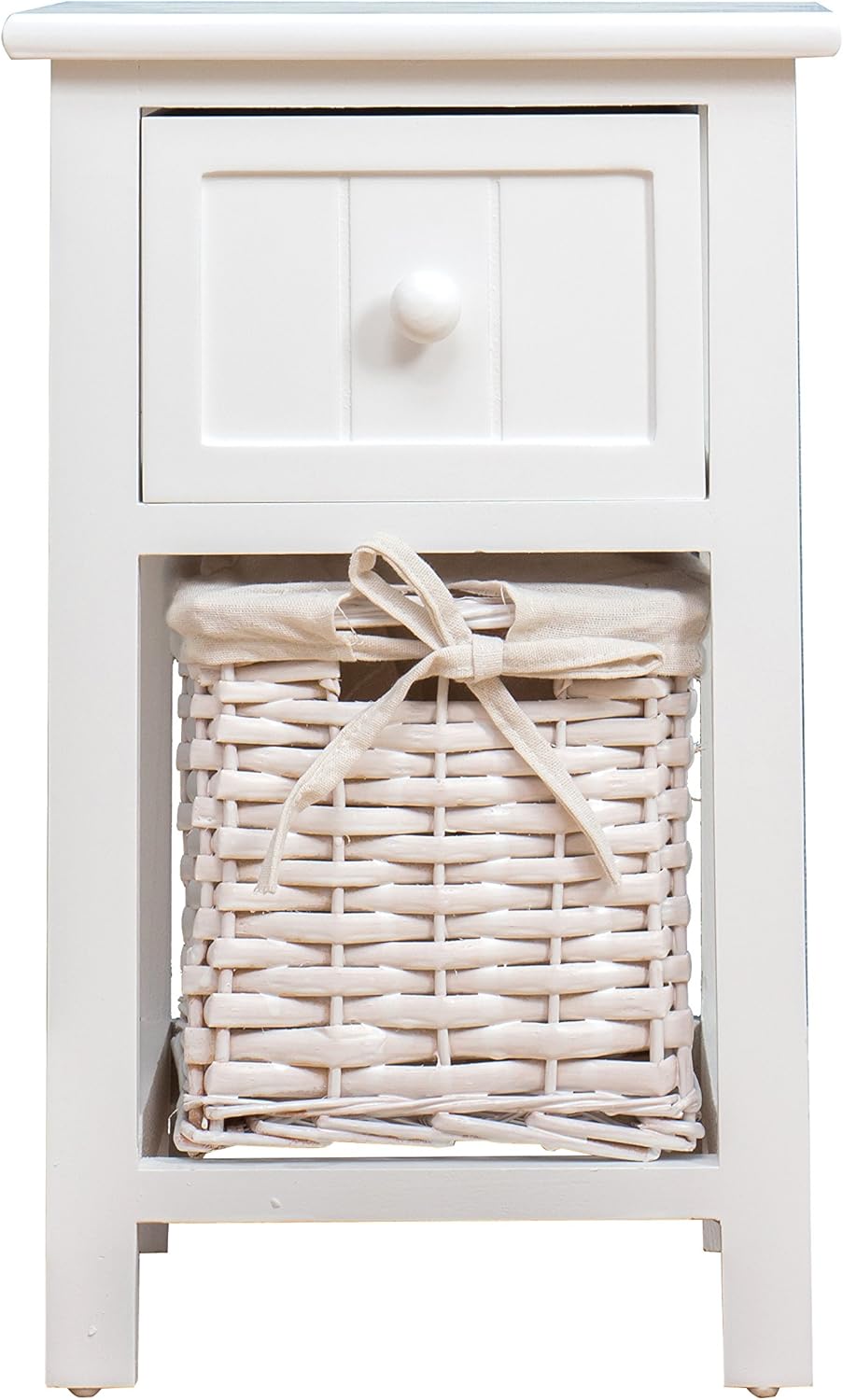 Cherry Tree Furniture Wood White Bedside Table with Drawer & 1 Wicker