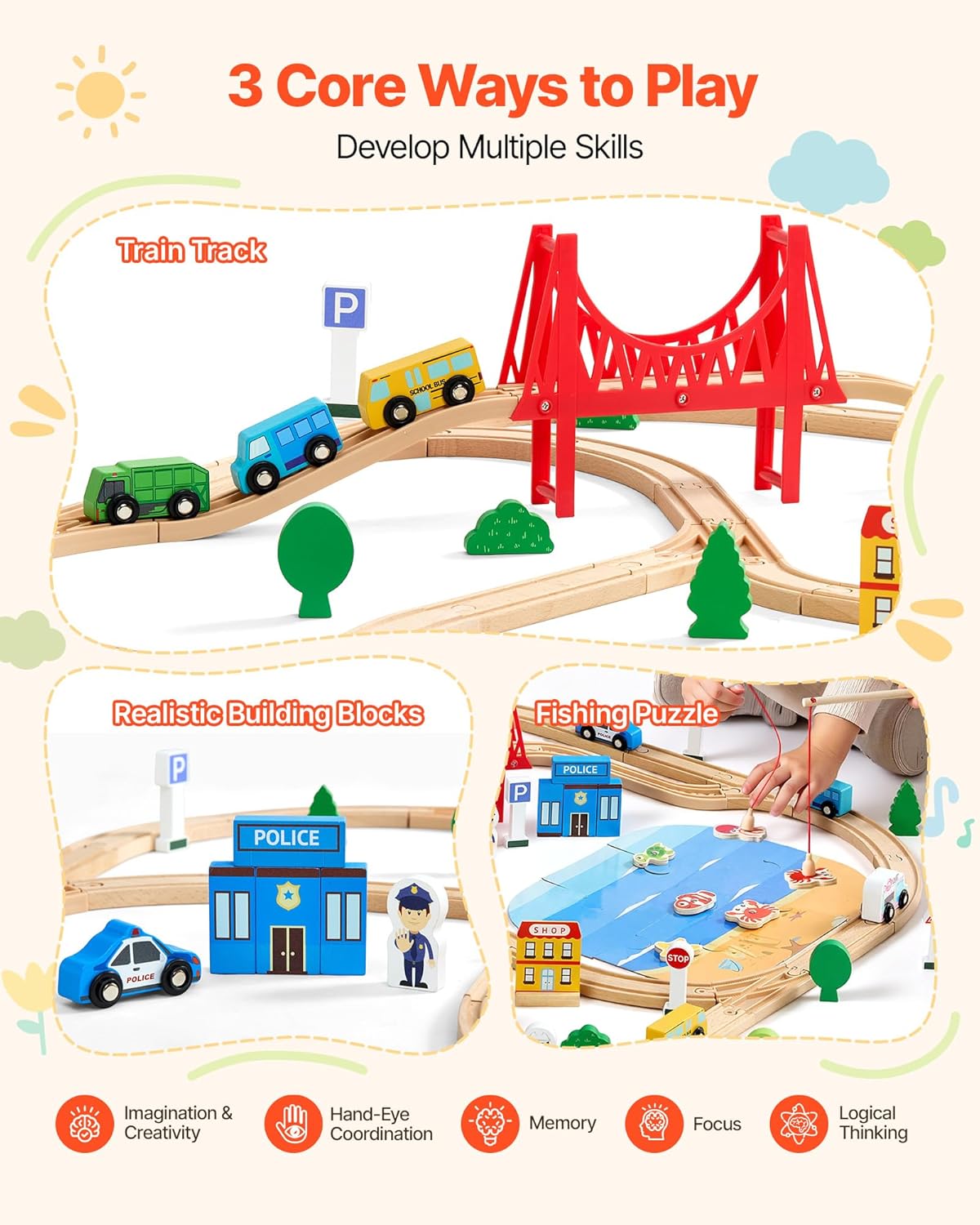 VEVOR 113PCS Wooden Train Set, for Kids Ages 3-8, Wood Train Track Toy with Storage Box, City Scene Railway Playset, Compatible with Major Brands, Christmas Birthday Toy for Toddlers Boys and Girls