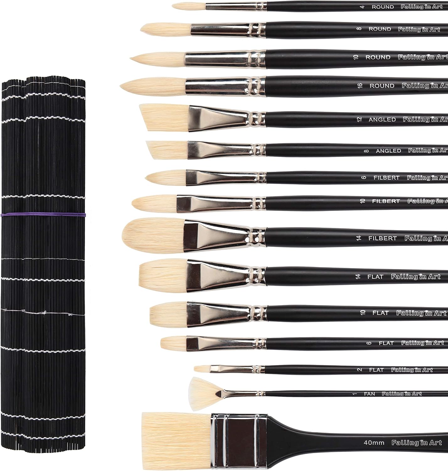 Natural Bristle Professional Paintbrushes Set | 15PCS Long Handled Paint Brushes for Acrylic Painting | Oil Paint Brushes of Fan, Round, Flat, Angled, Filbert, and Chip Tips with Bamboo Storage Pouch
