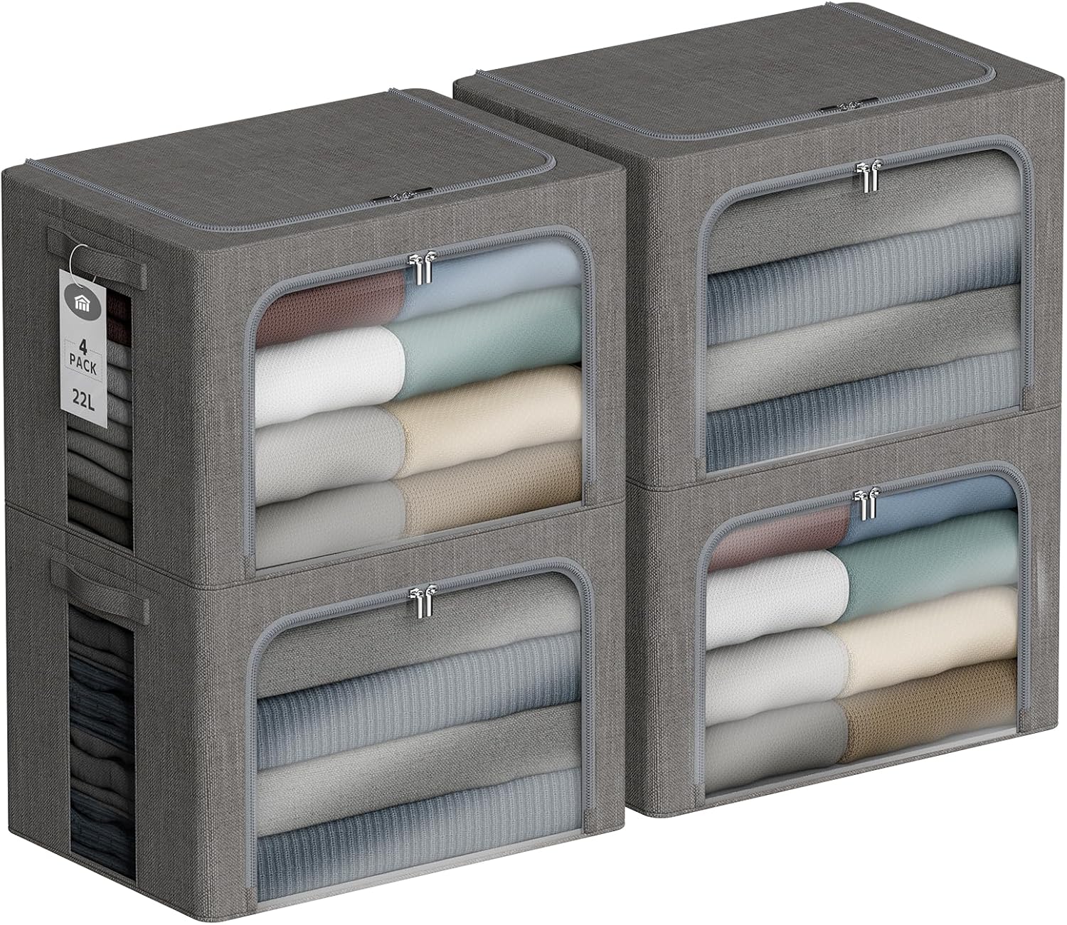 4 Pack Clothes Storage Bins with Metal Frame - 36L Stackable Storage Box with Lid，Foldable Storage Container Organizer for Clothes，Linen Fabric Storage Box with Clear Window＆Zippers＆Handles