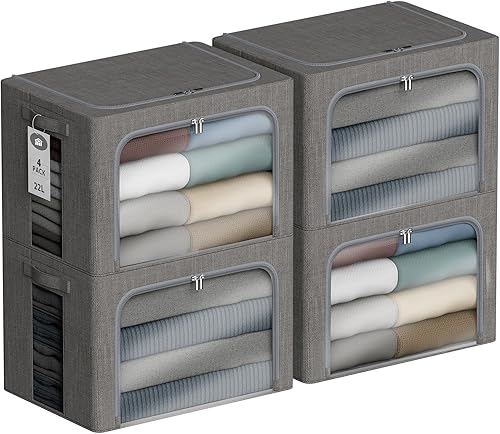 Vista 8 de Paquete de 4 contenedores de almacenamiento de ropa con marco de metal, caja de almacenamiento apilable de 36 litros con tapa, organizador